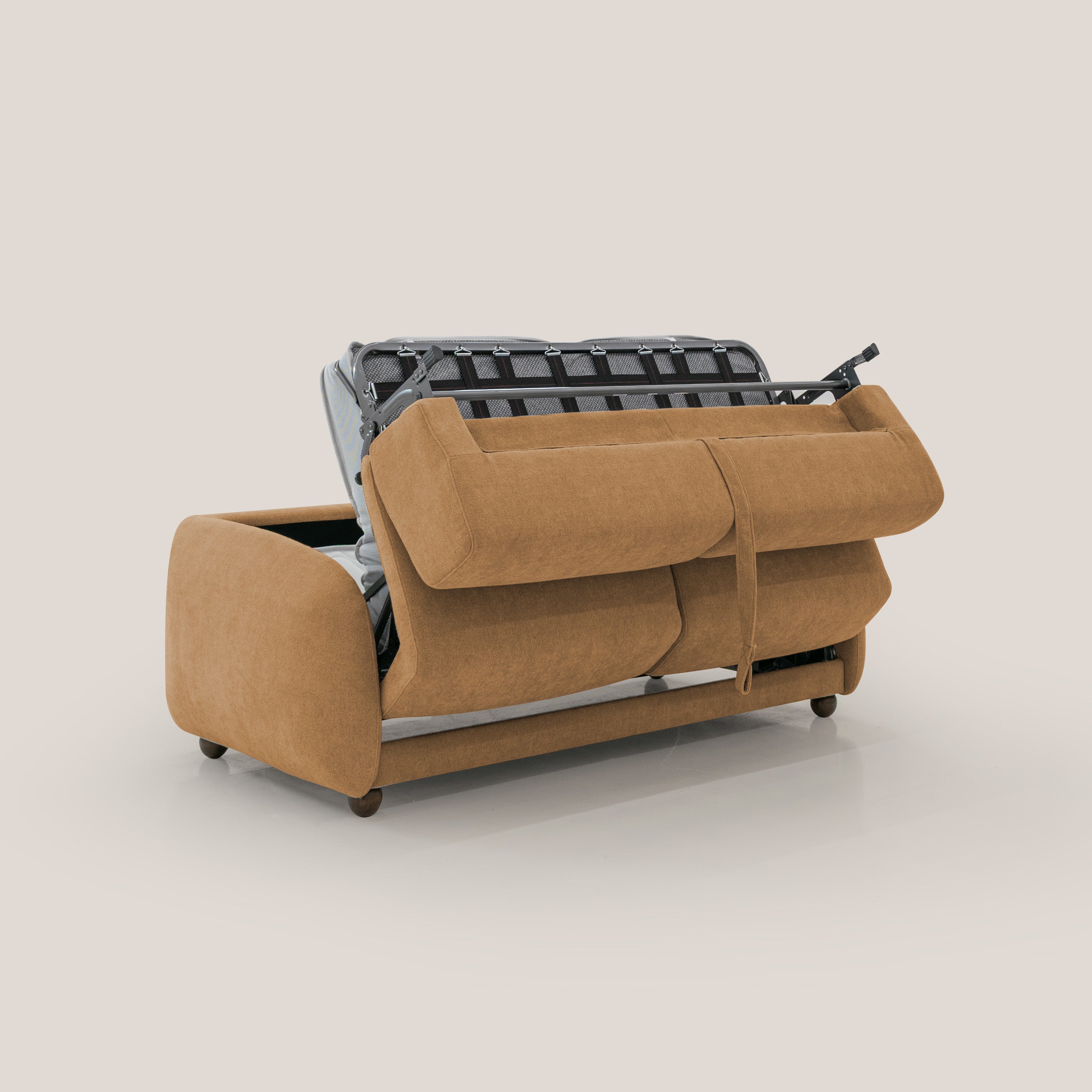 Giglio divano letto scandinavo japandi con materasso H18 cm in tessuto Bouclé impermeabile T07 arancio - divani.store