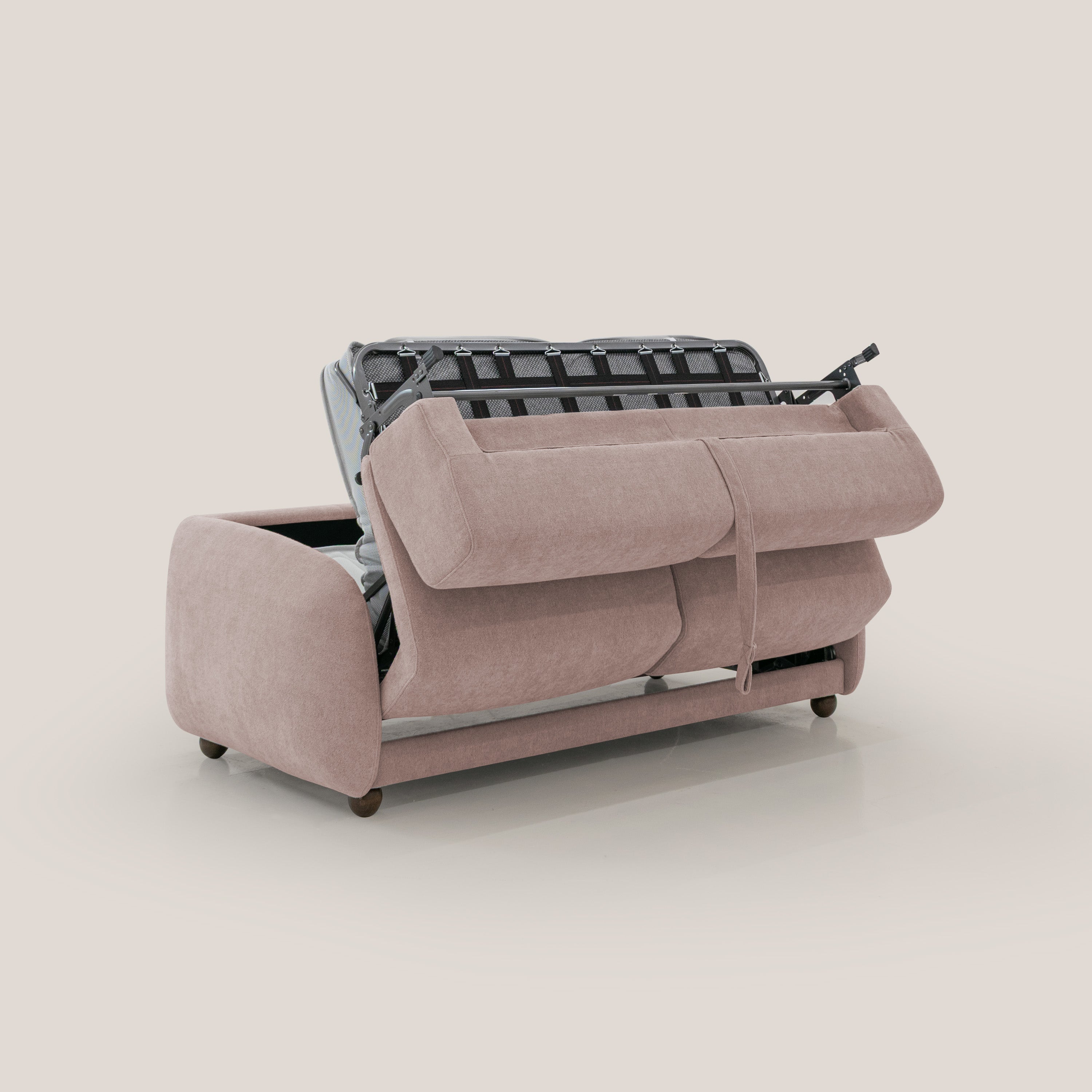 Giglio divano letto scandinavo japandi con materasso H18 cm in tessuto Bouclé impermeabile T07 rosa - divani.store