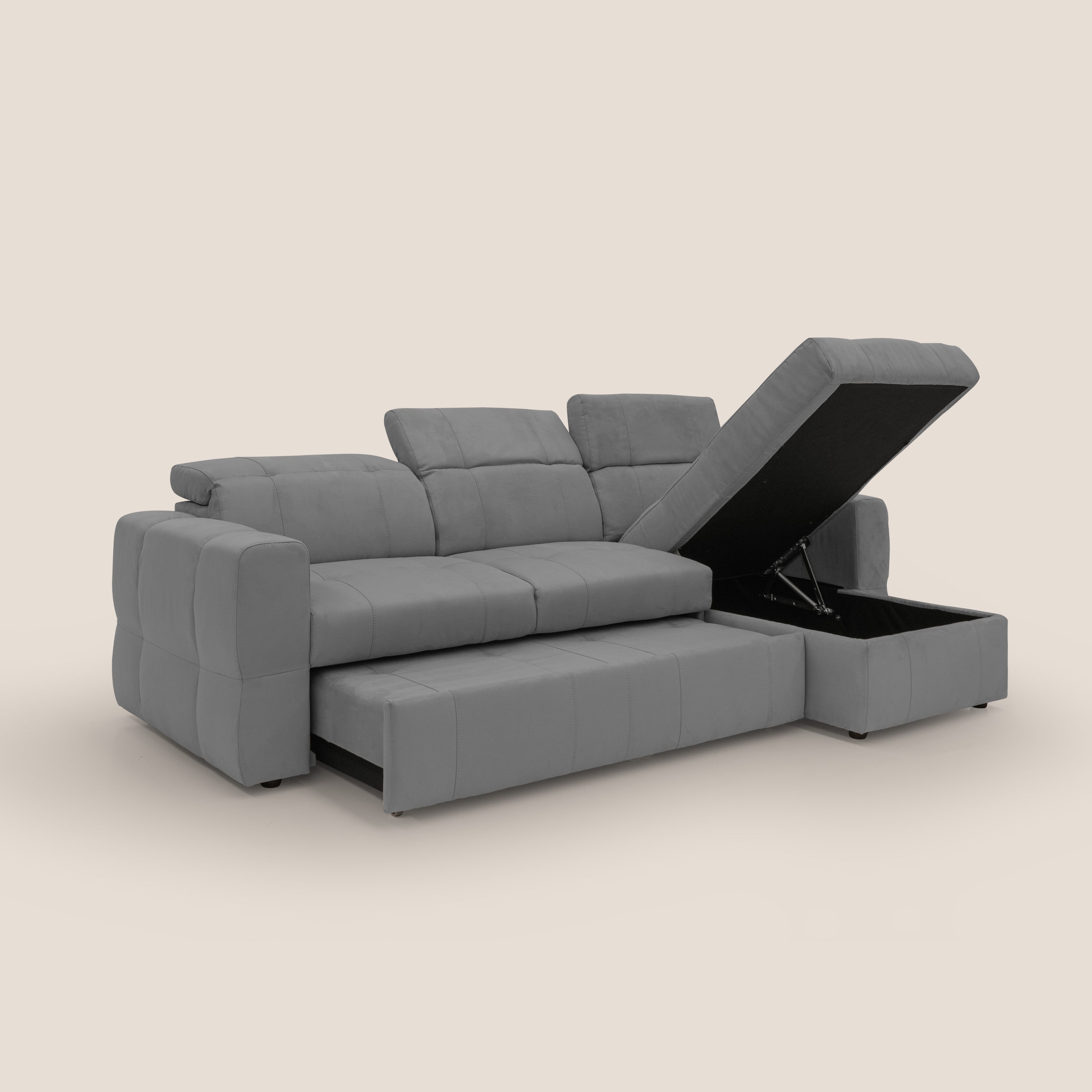 Kronos Divano angolare con pouf estraibile e penisola contenitore in microfibra impermeabile T11 grigio - divani.store
