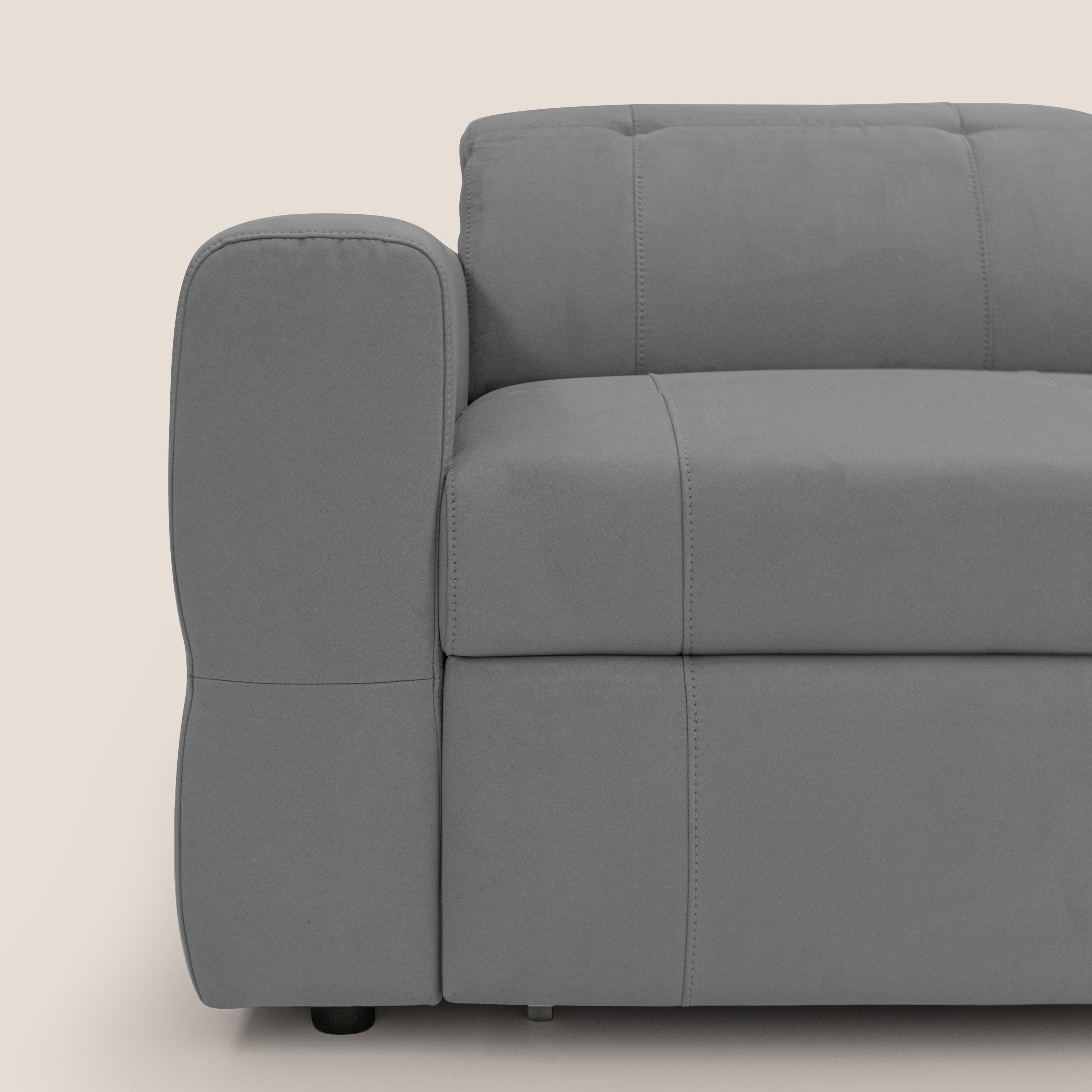 Kronos Divano angolare con pouf estraibile e penisola contenitore in microfibra impermeabile T11 grigio - divani.store