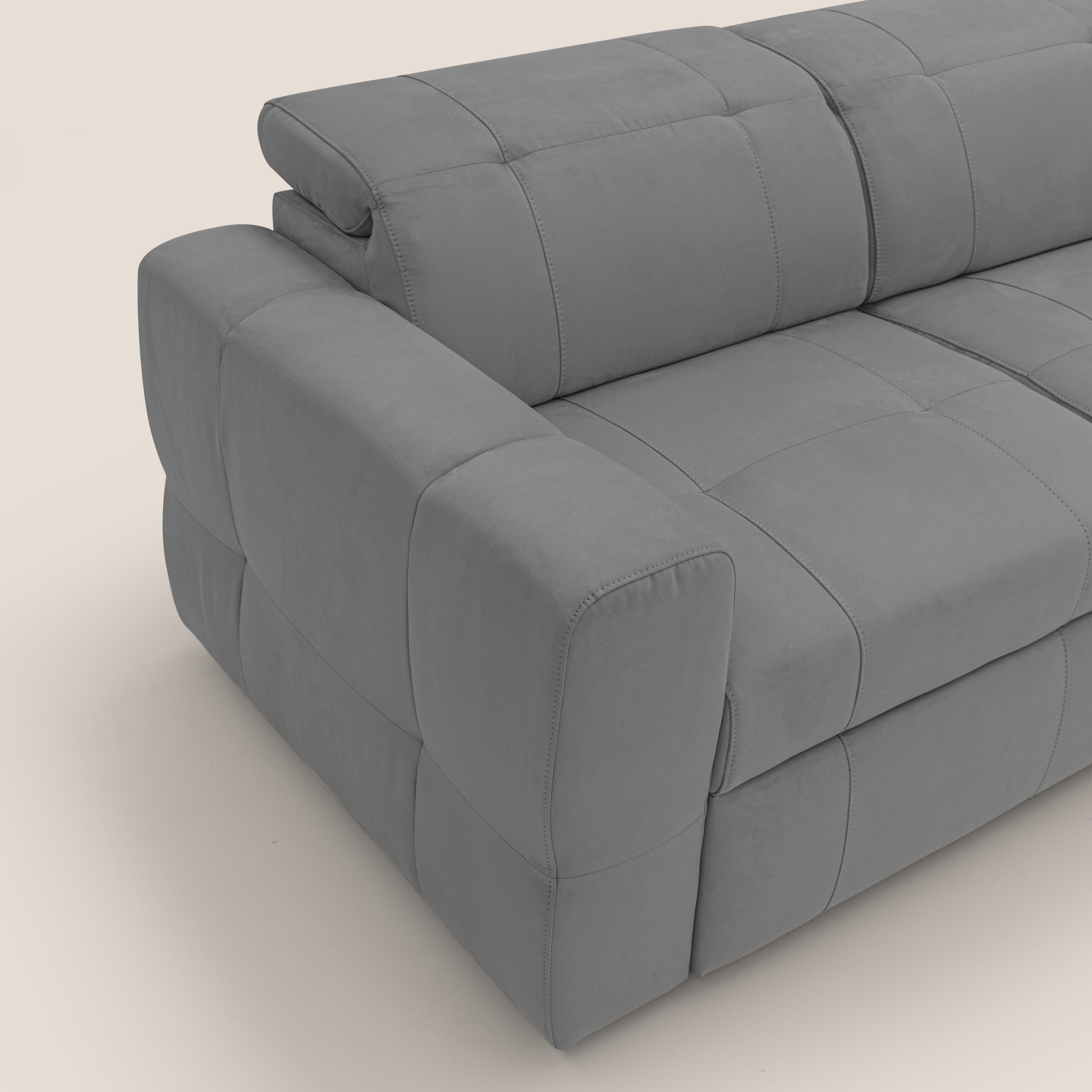 Kronos Divano angolare con pouf estraibile e penisola contenitore in microfibra impermeabile T11 grigio - divani.store