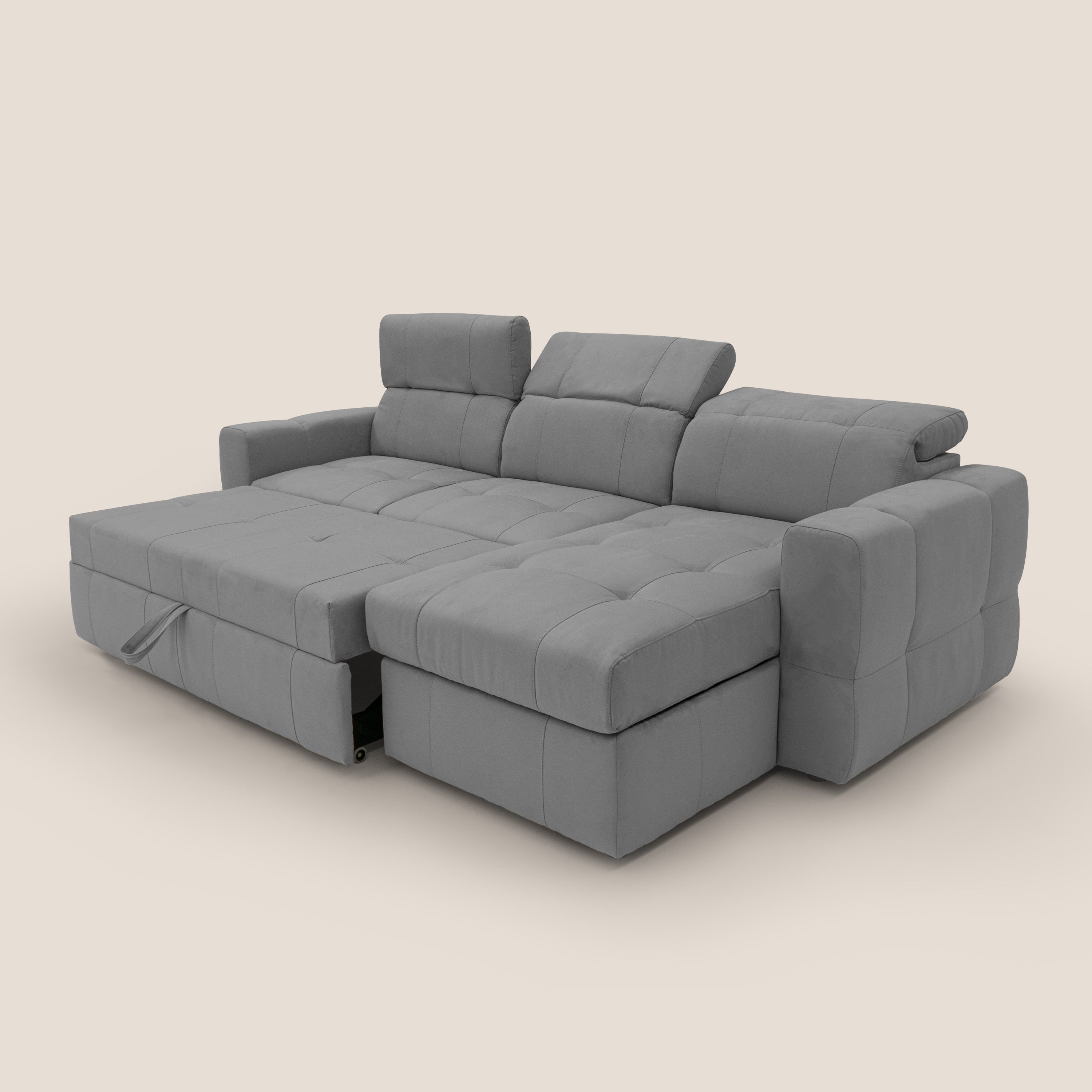 Kronos Divano angolare con pouf estraibile e penisola contenitore in microfibra impermeabile T11 grigio - divani.store
