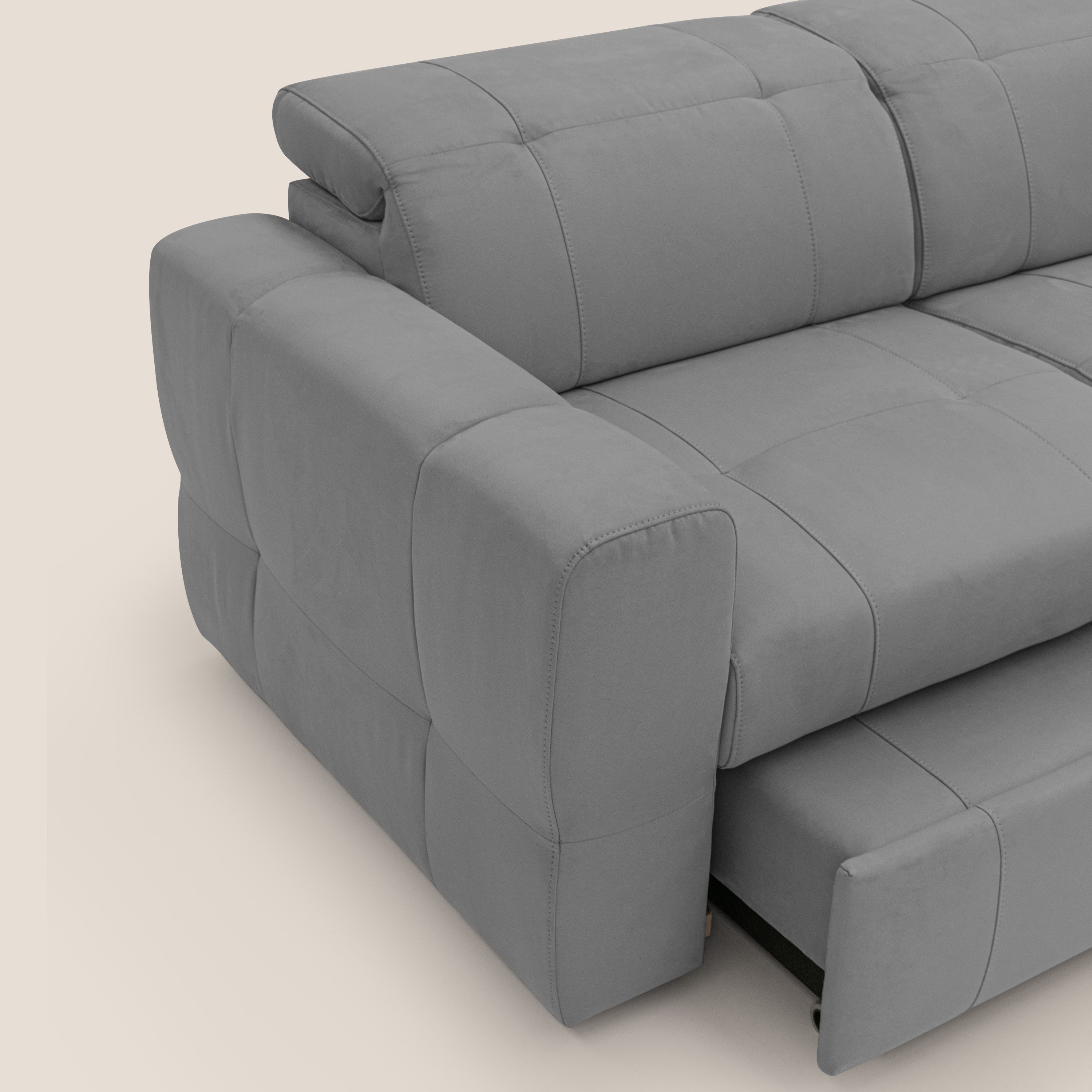 Kronos Divano angolare con pouf estraibile e penisola contenitore in microfibra impermeabile T11 grigio - divani.store