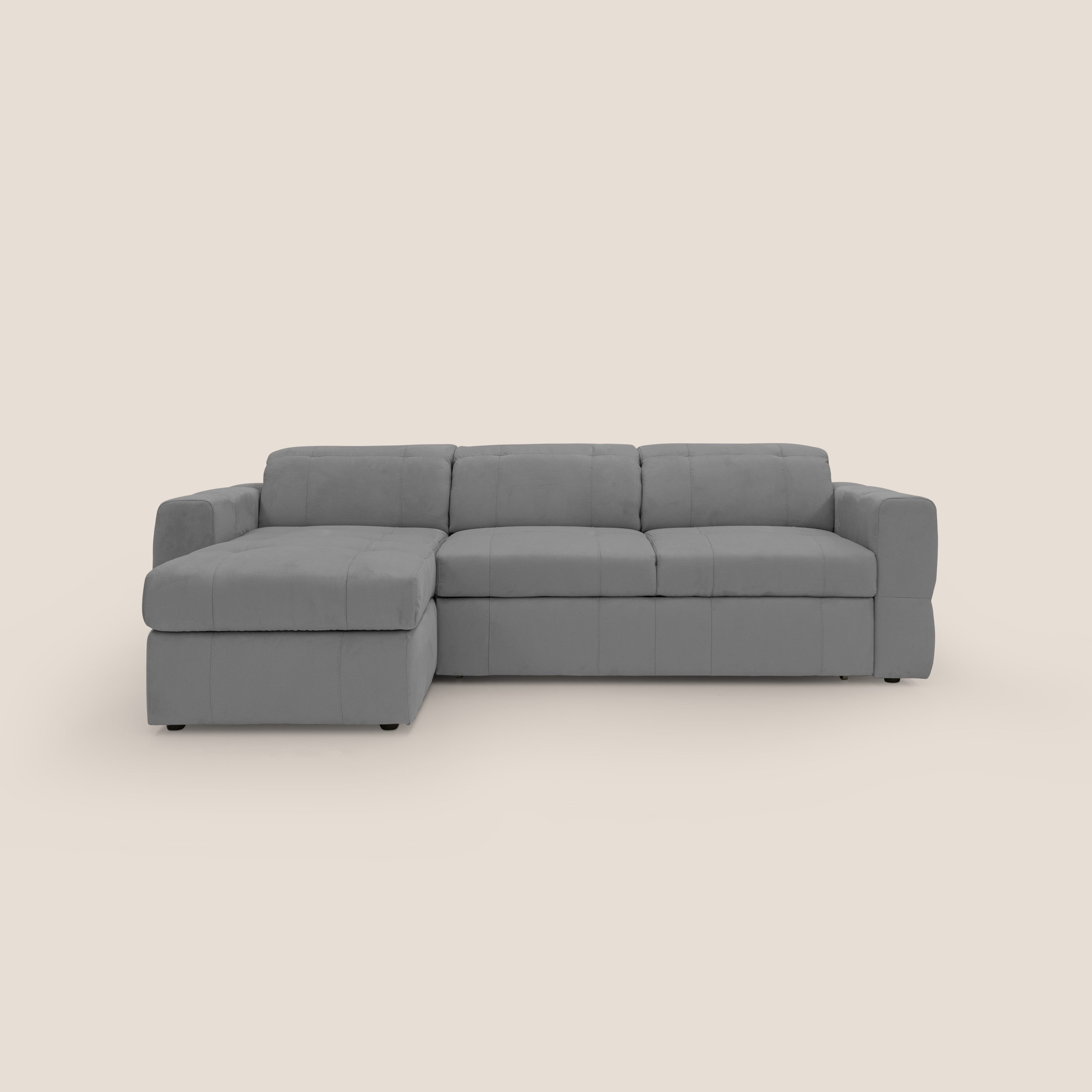 Kronos Divano angolare con pouf estraibile e penisola contenitore in microfibra impermeabile T11 grigio - divani.store