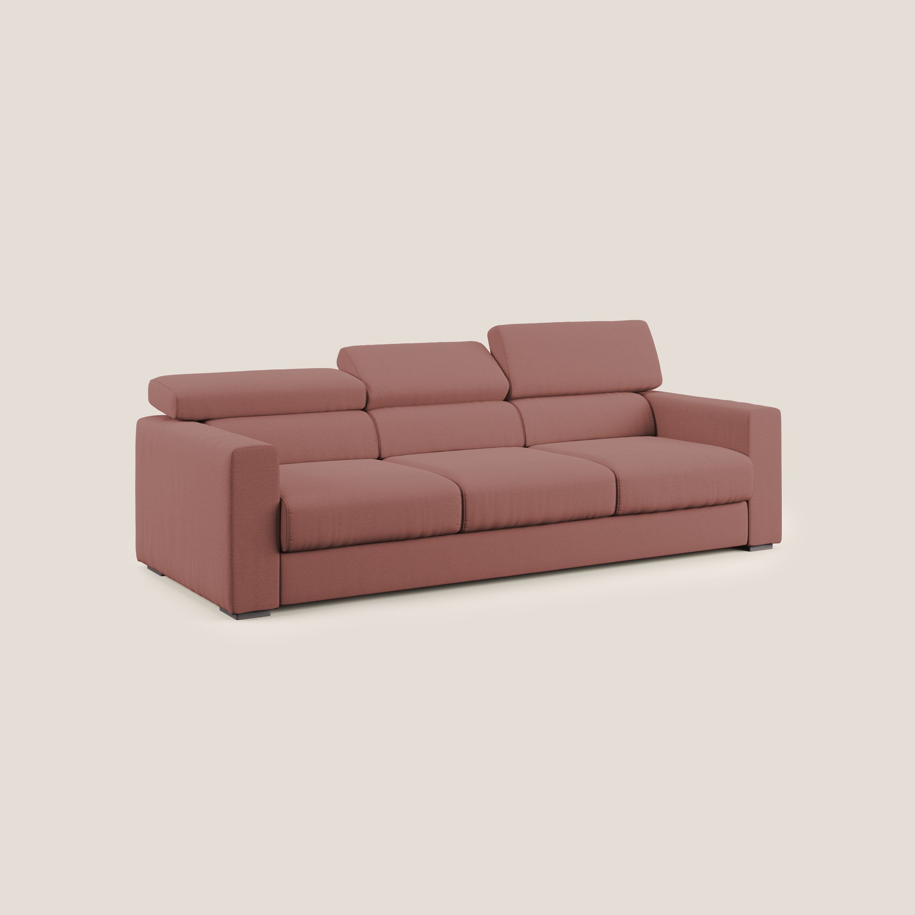 Dylan divano a 3 sedute con pouf estraibile poggiapiedi in tessuto fiammato simil cotone impermeabile T19 salmone - divani.store