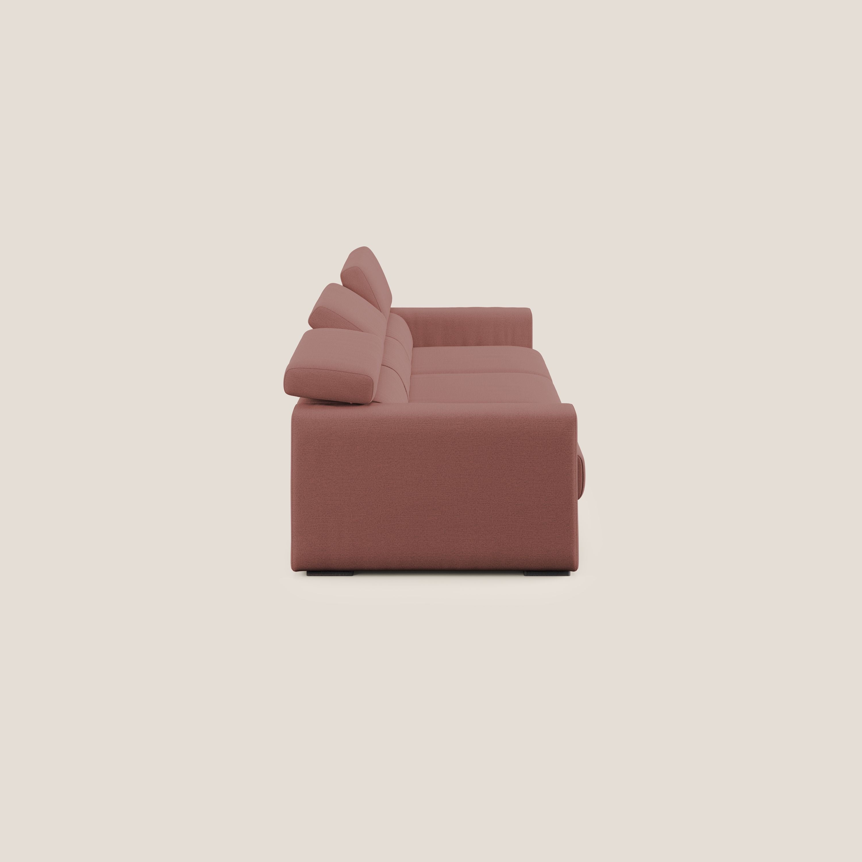 Dylan divano a 3 sedute con pouf estraibile poggiapiedi in tessuto fiammato simil cotone impermeabile T19 salmone - divani.store