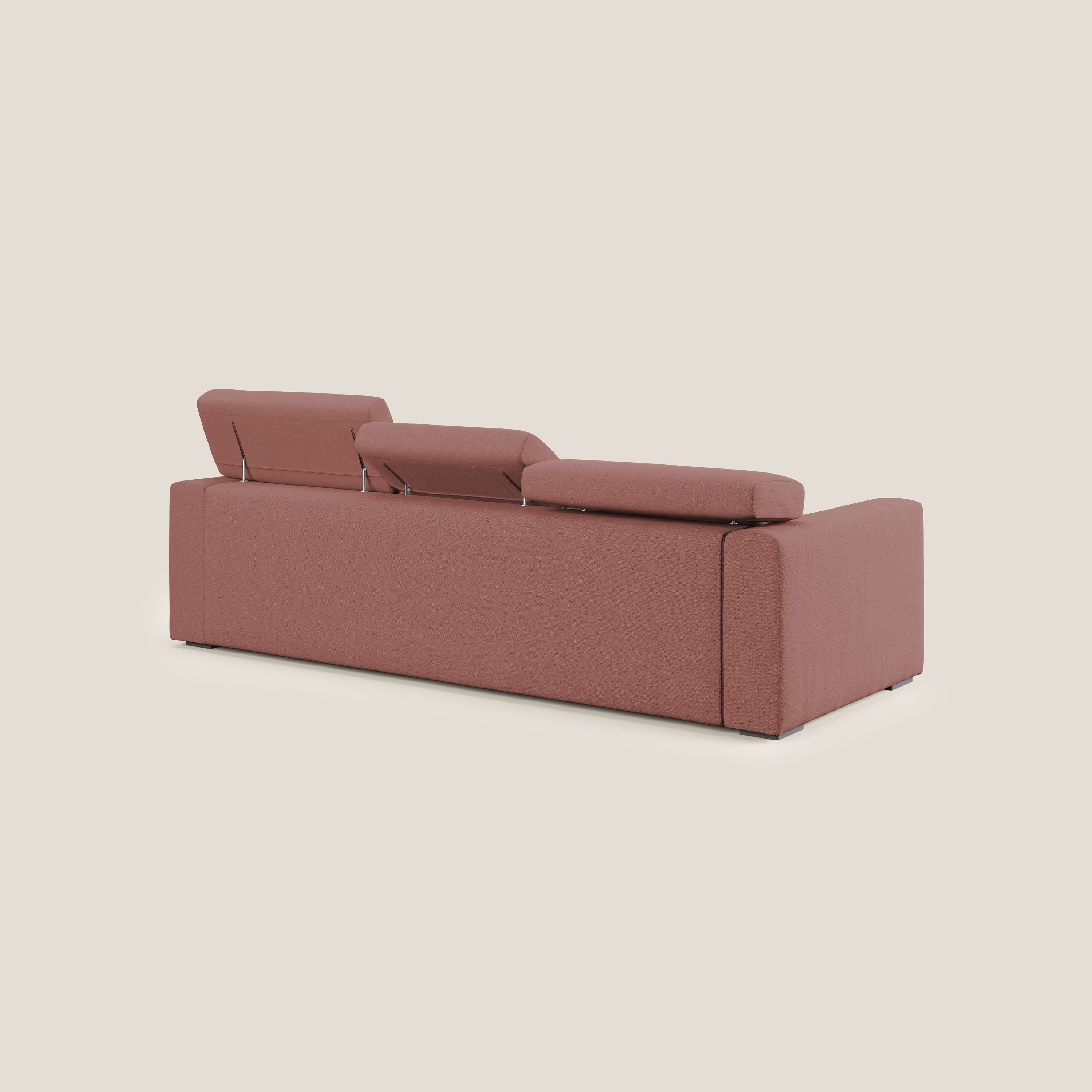 Dylan divano a 3 sedute con pouf estraibile poggiapiedi in tessuto fiammato simil cotone impermeabile T19 salmone - divani.store