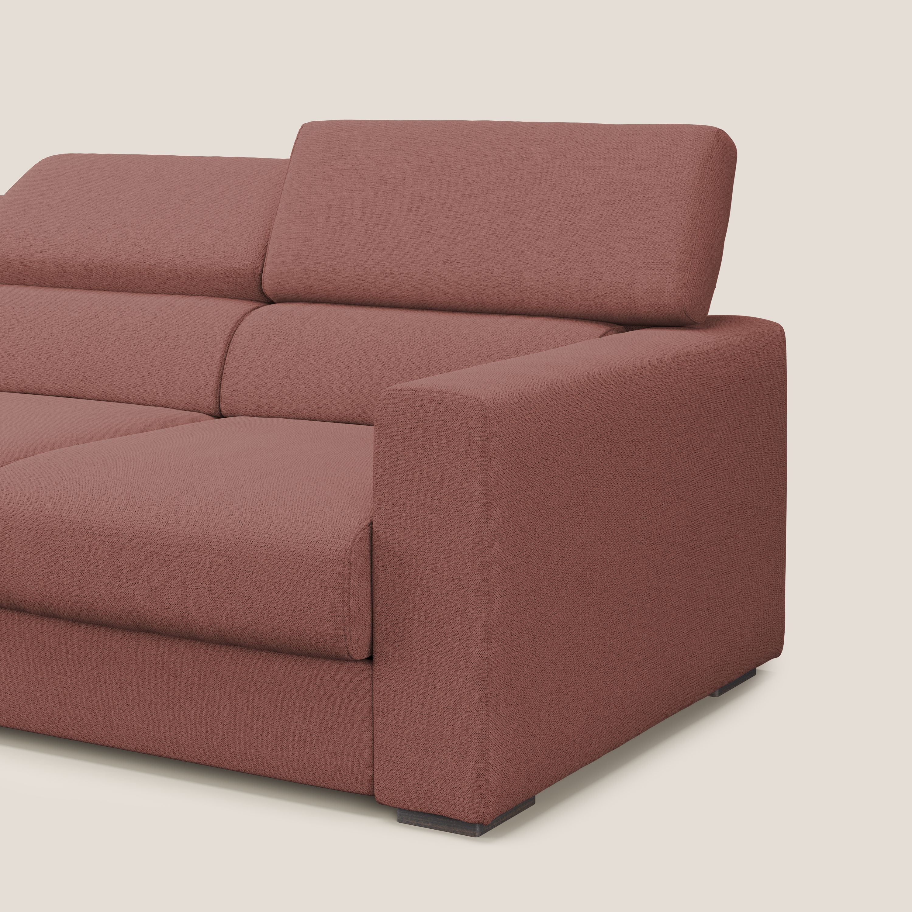 Dylan divano a 3 sedute con pouf estraibile poggiapiedi in tessuto fiammato simil cotone impermeabile T19 salmone - divani.store