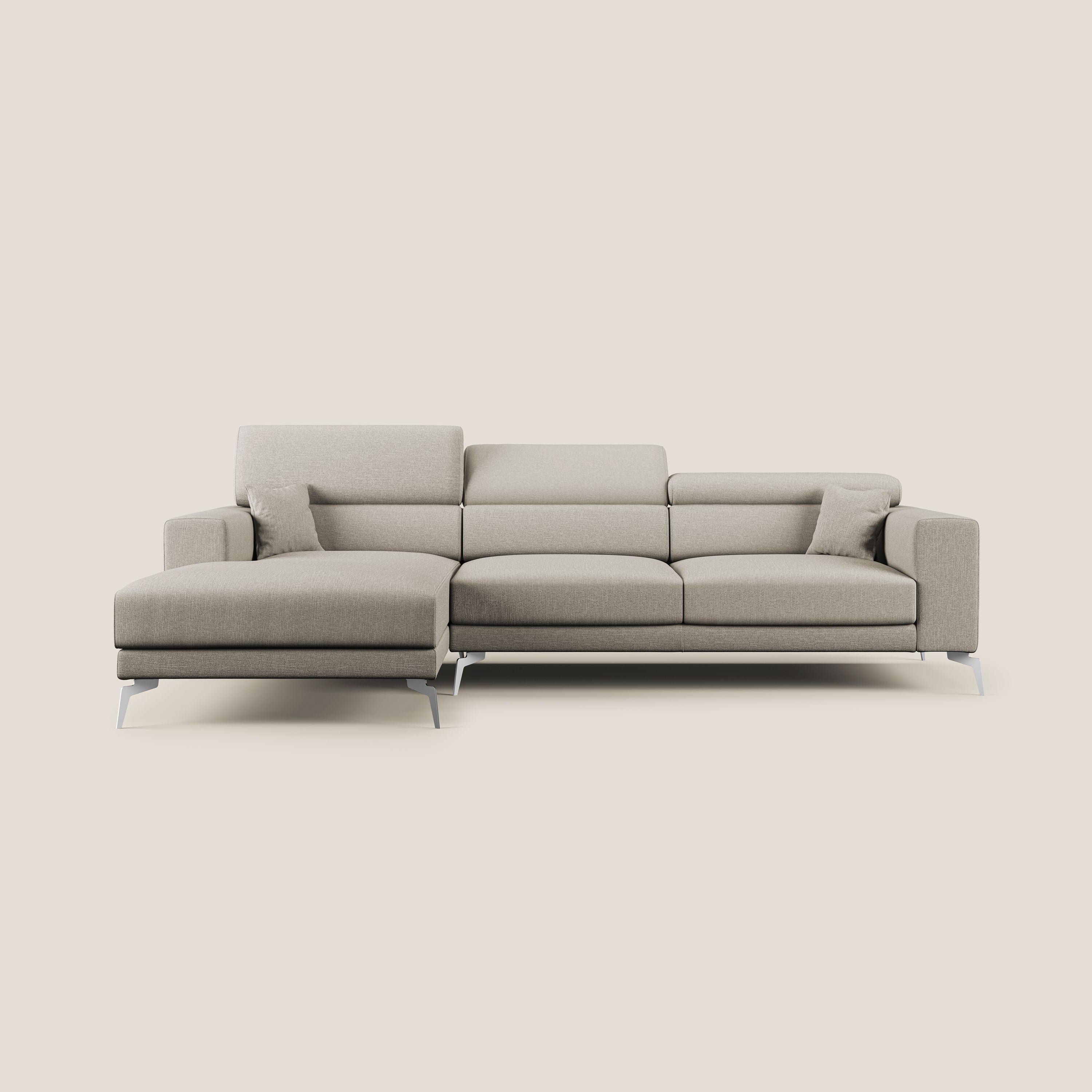 Blade Divano moderno angolare con poggiatesta reclinabili in tessuto impermeabile simil-cotone T13 panna - divani.store