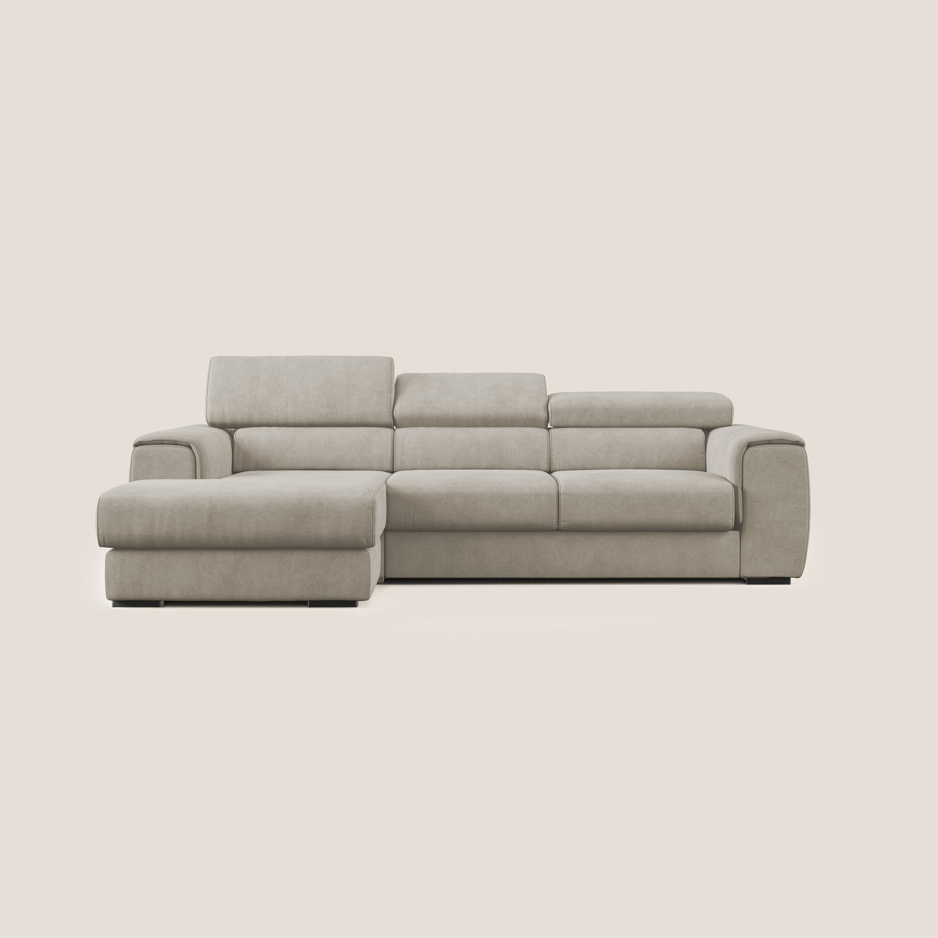 Zeno Divano angolare con pouf estraibile poggiapiedi in tessuto morbido impermeabile T02 panna - divani.store