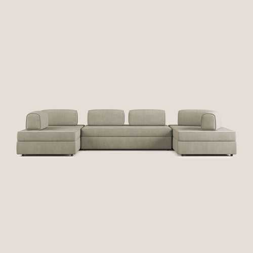 Liberty divano panoramico con pouf estraibile e schienali movibili in tessuto morbido impermeabile T02 panna - divani.store