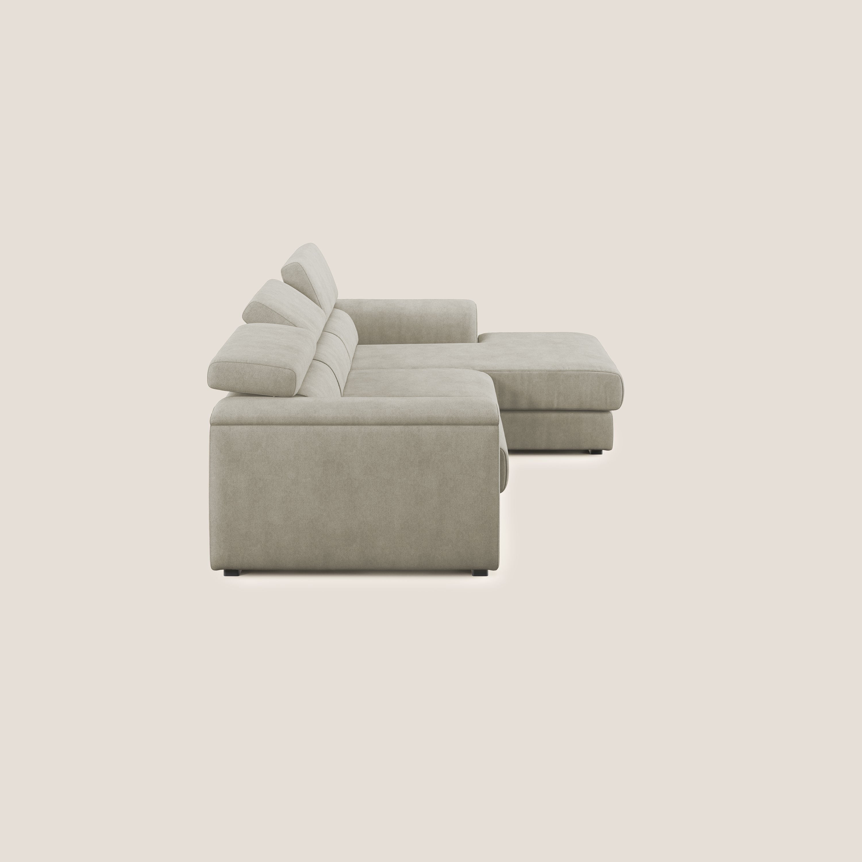 Zeno Divano angolare con pouf estraibile poggiapiedi in tessuto morbido impermeabile T02 panna - divani.store