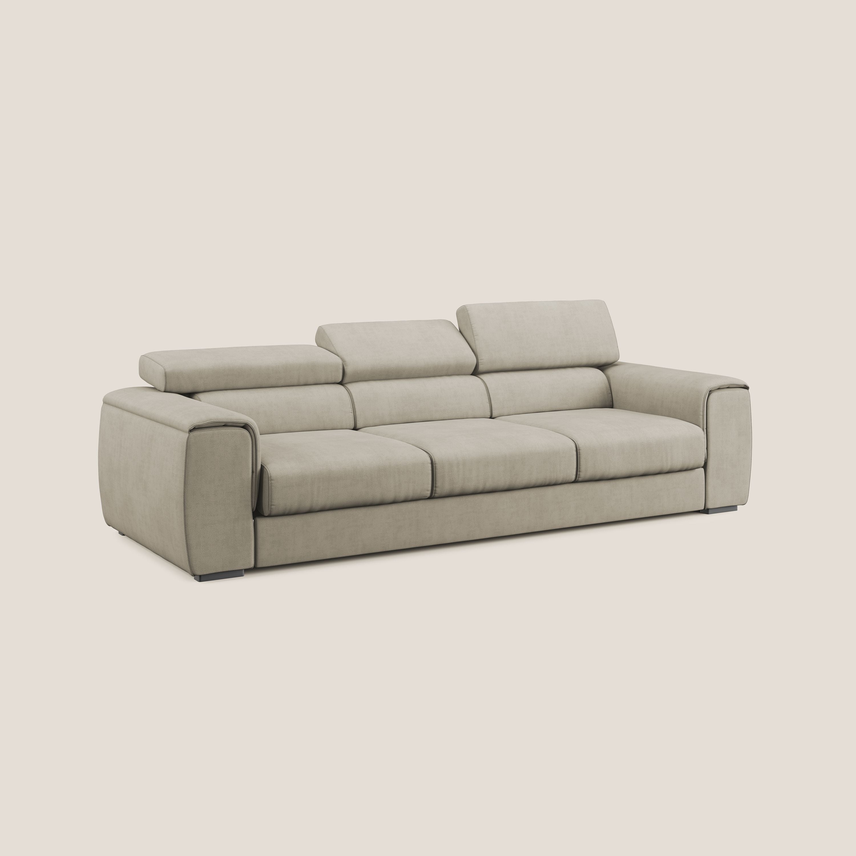 Zeno Divano con pouf estraibile poggiapiedi a 3 sedute in tessuto morbido impermeabile T02 panna - divani.store
