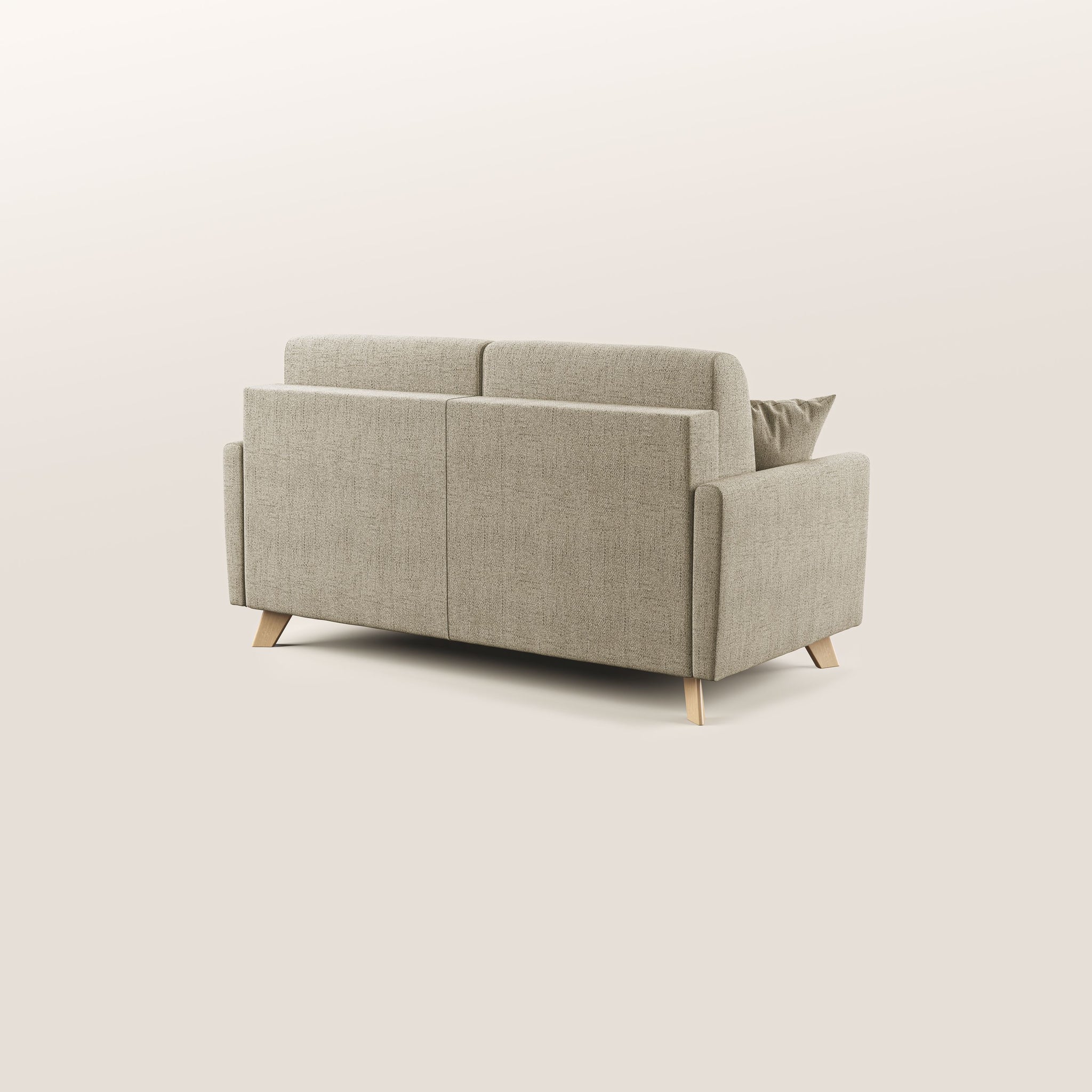 Il divano letto Edgar di Divani.Store, che misura 200 cm con un materasso di 160x197 cm, è presentato in un design minimalista. Il divano beige a due posti è realizzato in tessuto impermeabile testurizzato di fabbricazione italiana ed è dotato di due cuscini staccabili. Si regge su quattro gambe in legno chiaro e include un singolo cuscino su un lato. Lo sfondo presenta un tono morbido e neutro.