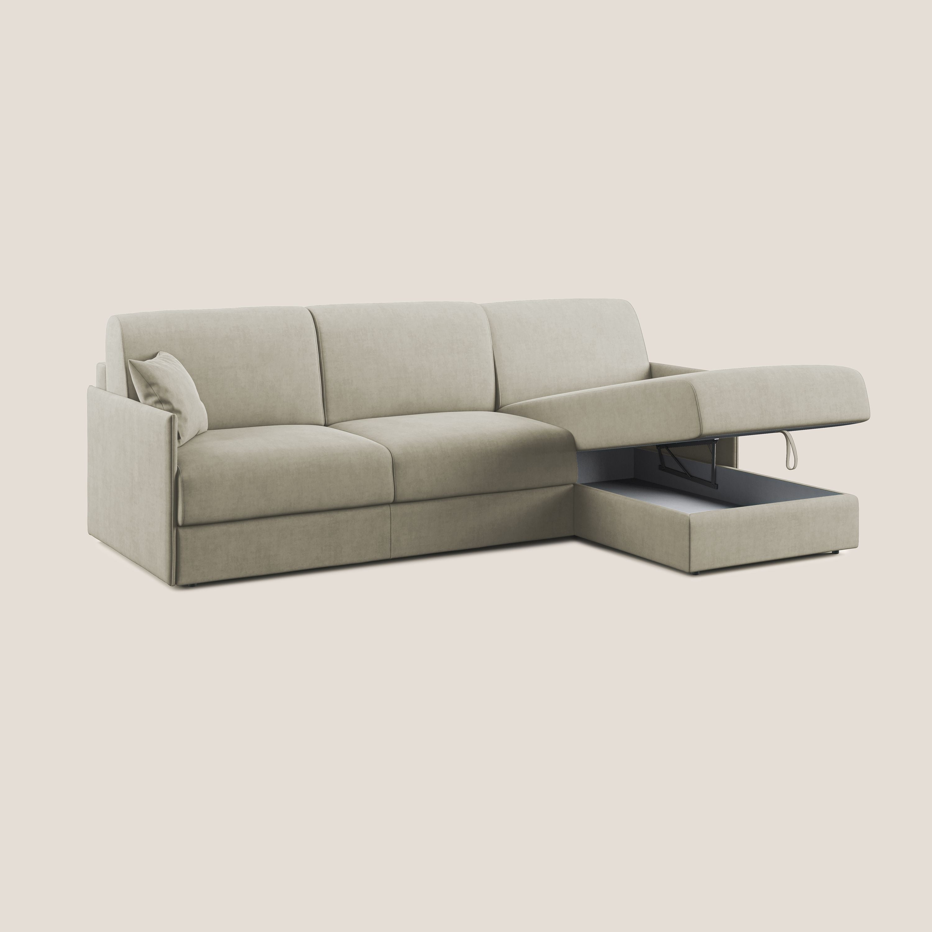 Evans Divano letto angolare con penisola in morbido tessuto impermeabile T02 panna - divani.store
