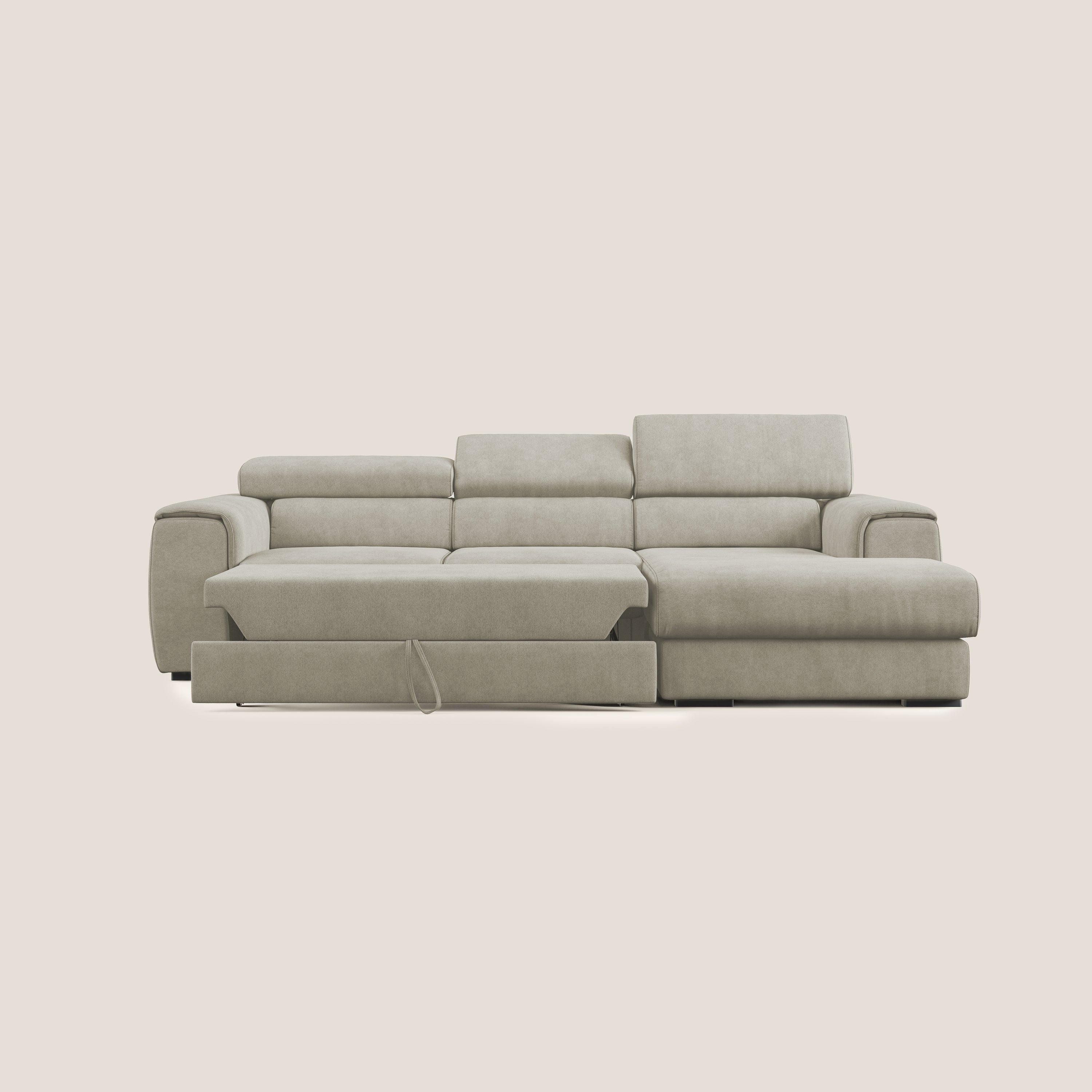 Zeno Divano angolare con pouf estraibile poggiapiedi in tessuto morbido impermeabile T02 panna - divani.store