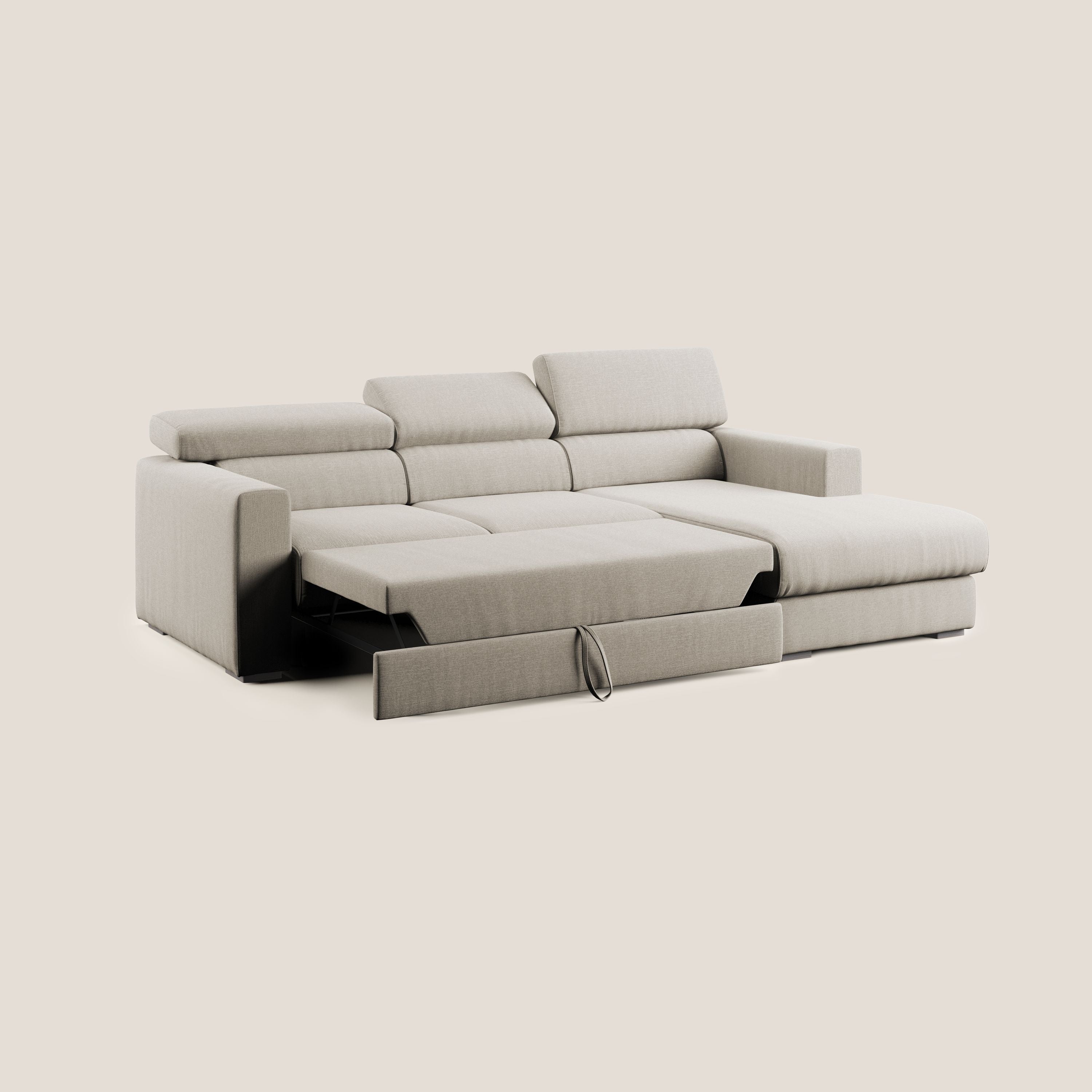 Dylan divano angolare con pouf estraibile poggiapiedi in tessuto simil cotone impermeabile T13 panna - divani.store