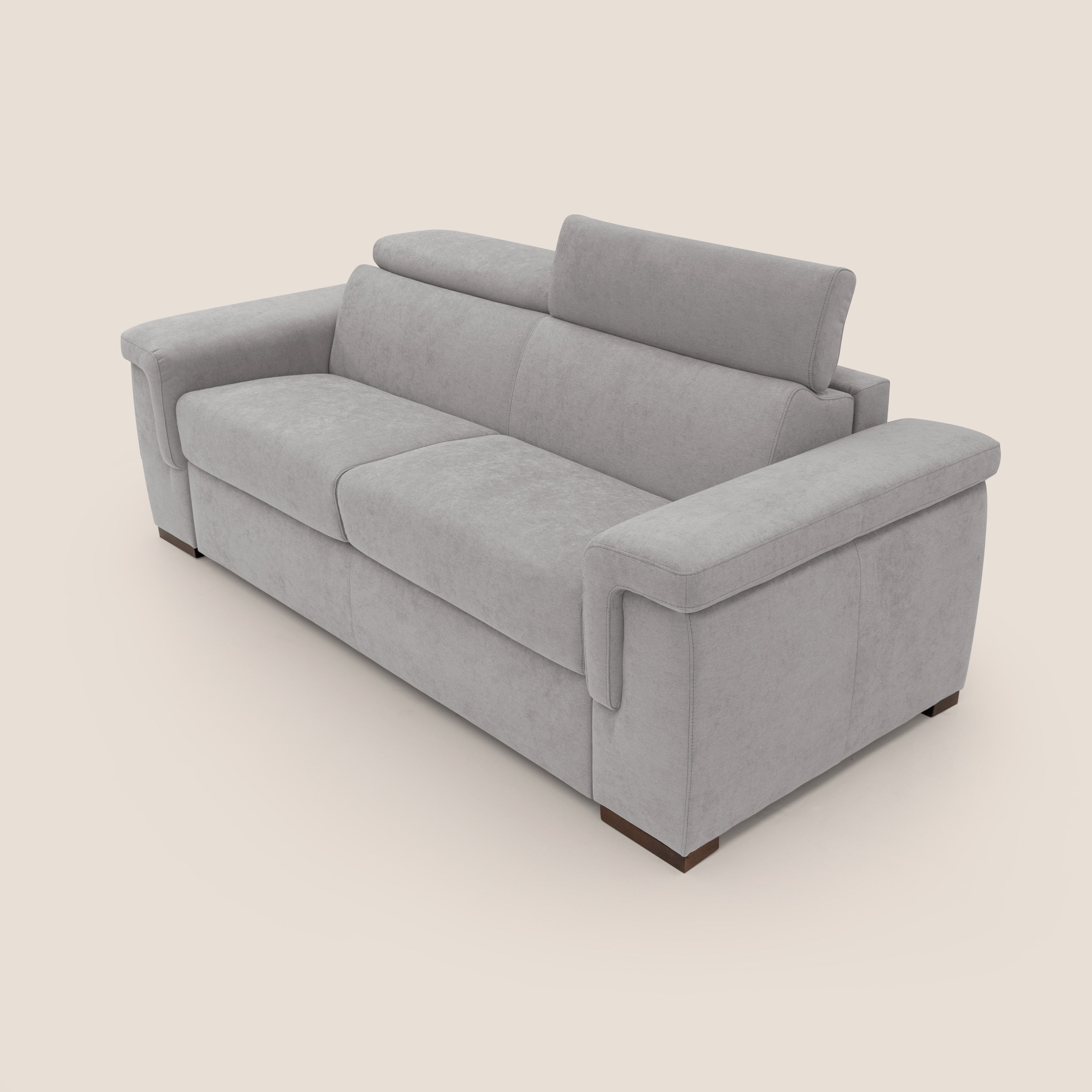 Giunone divano letto con materasso alto 18 cm e poggiatesta reclinabili in tessuto impermeabile T02 grigio chiaro - divani.store