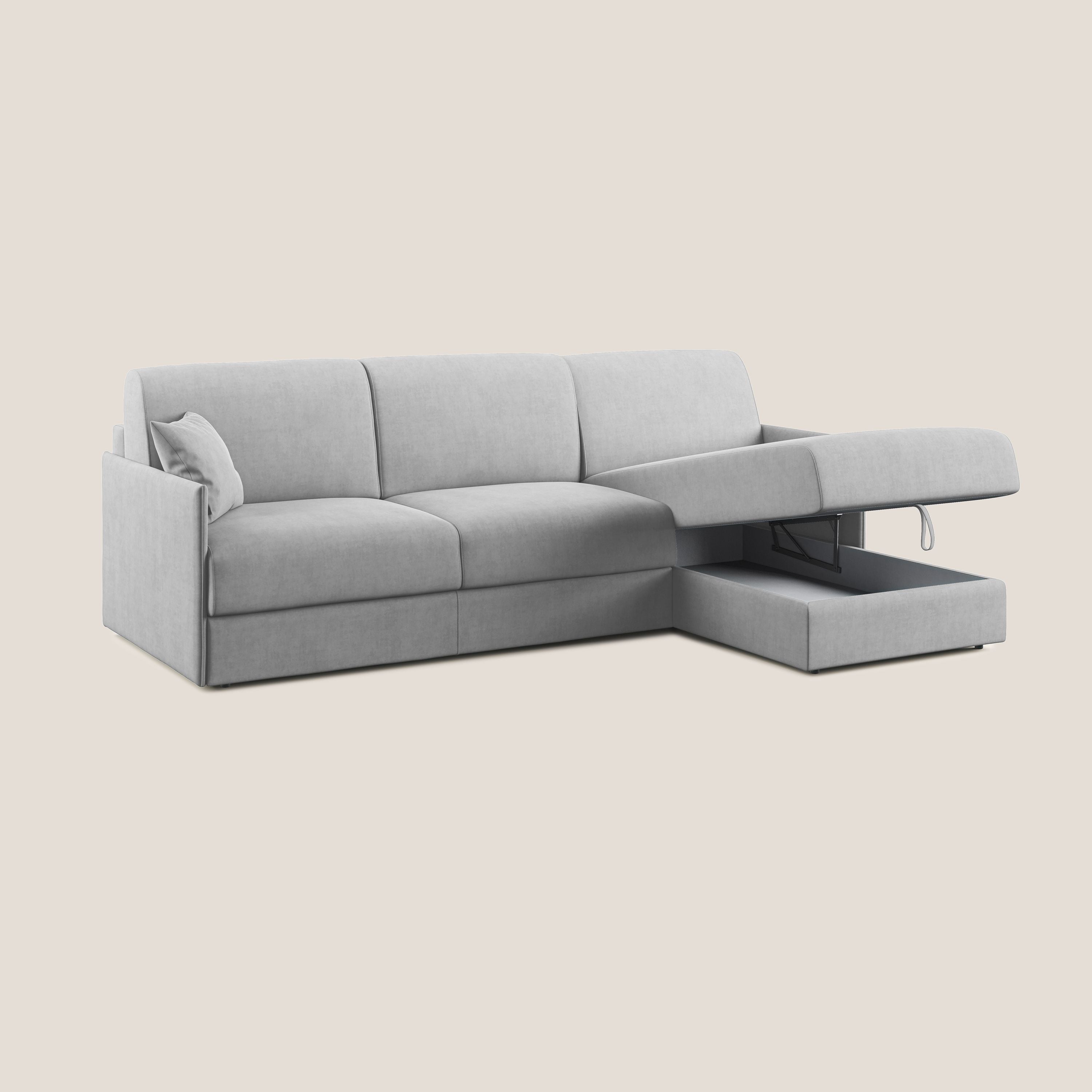 Evans Divano letto angolare con penisola in morbido tessuto impermeabile T02 grigio chiaro - divani.store