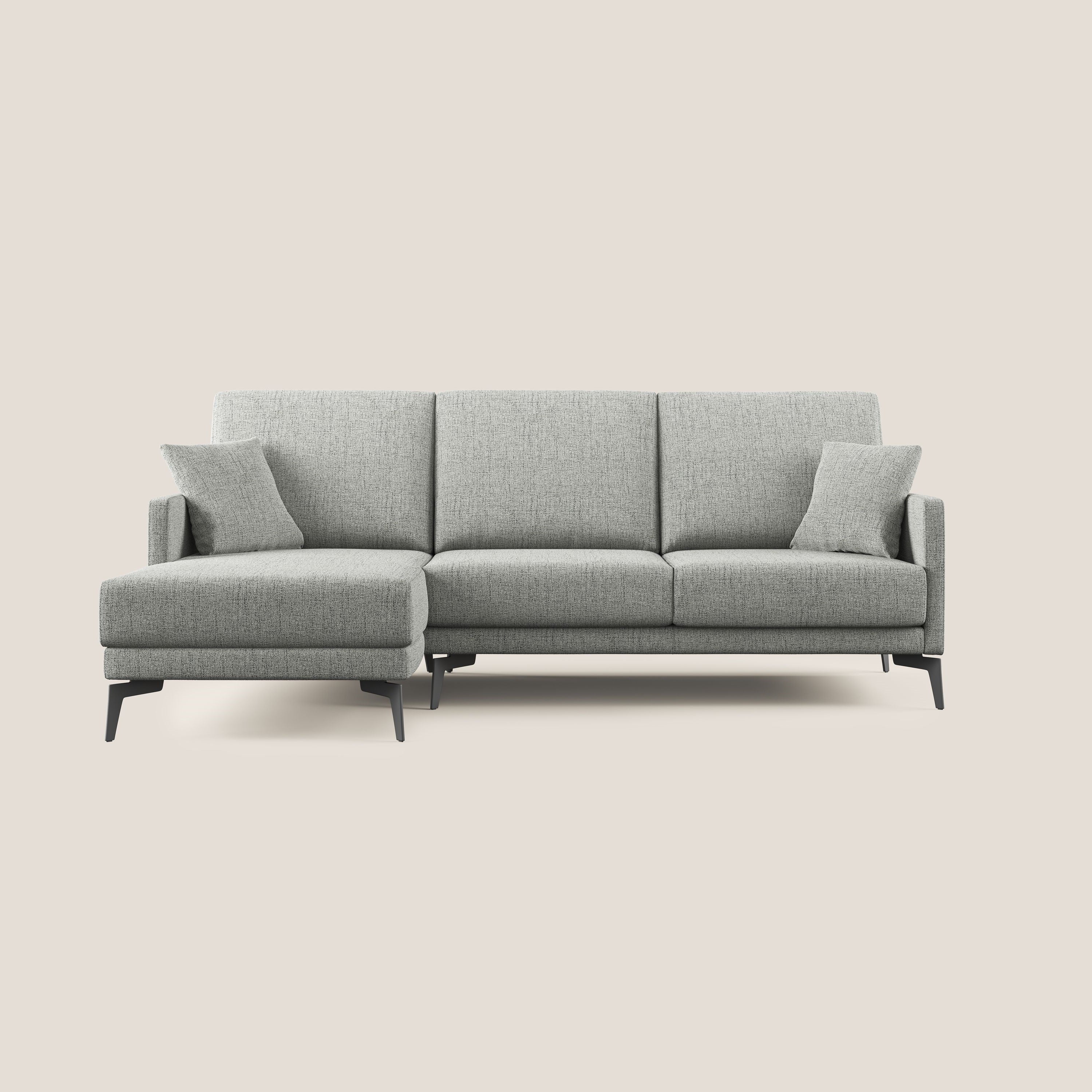 Saturno divano angolare moderno in tessuto morbido impermeabile T03 grigio chiaro - divani.store