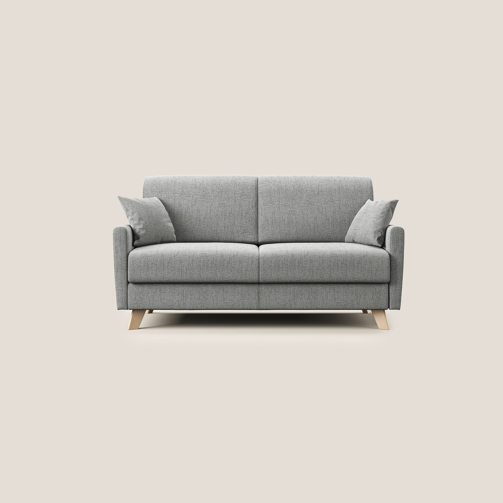 Il divano letto Edgar, offerto da Divani.Store, è elegantemente esposto su uno sfondo color crema. Vanta un design minimalista con due cuscini di seduta e uno schienale diviso in due sezioni. Il divano grigio chiaro presenta gambe in legno e viene fornito con due cuscini coordinati su entrambi i lati. Con il suo aspetto elegante e moderno e il tessuto impermeabile, questo pezzo di fabbricazione italiana incarna lo stile contemporaneo.