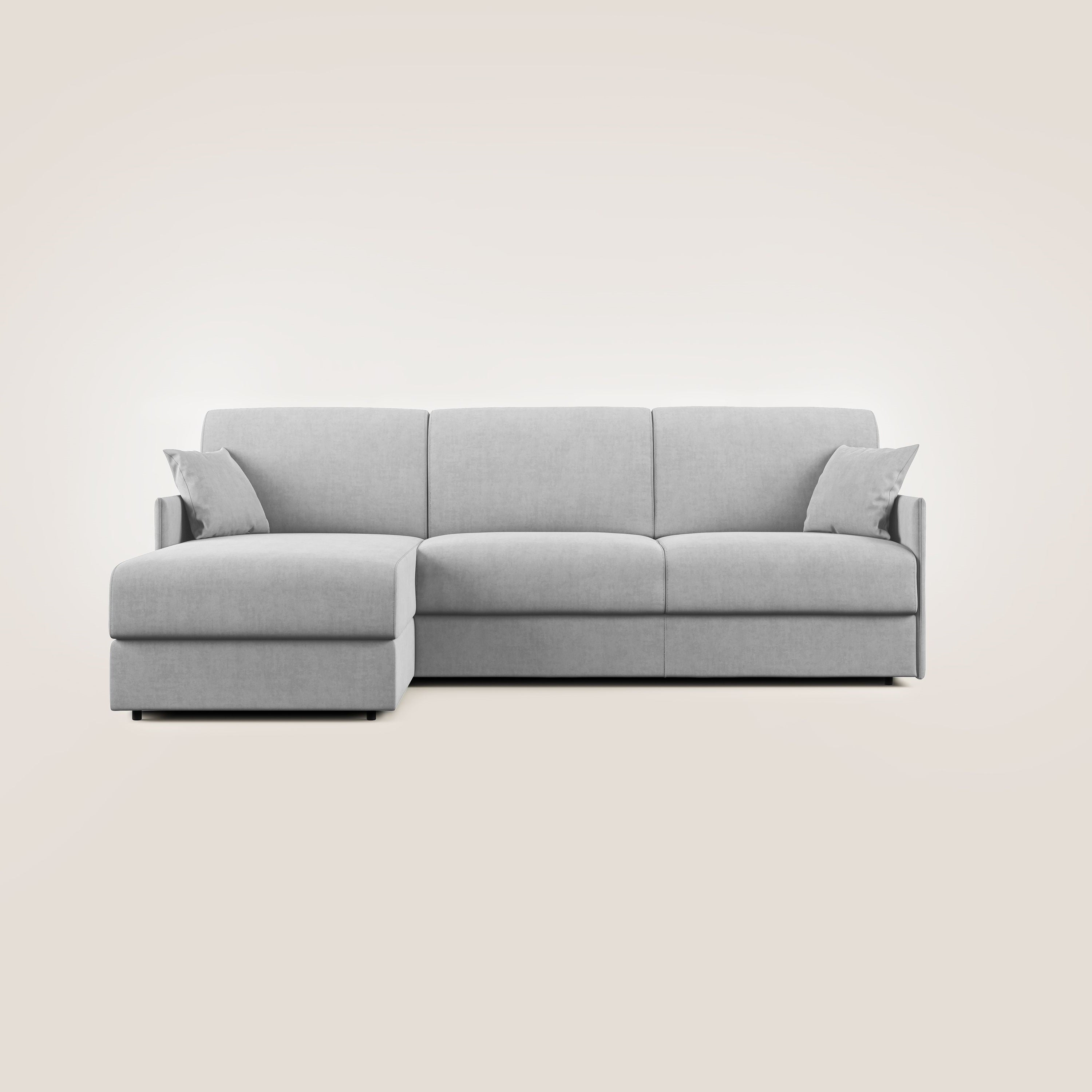 Evans Divano letto angolare con penisola in morbido tessuto impermeabile T02 grigio chiaro - divani.store