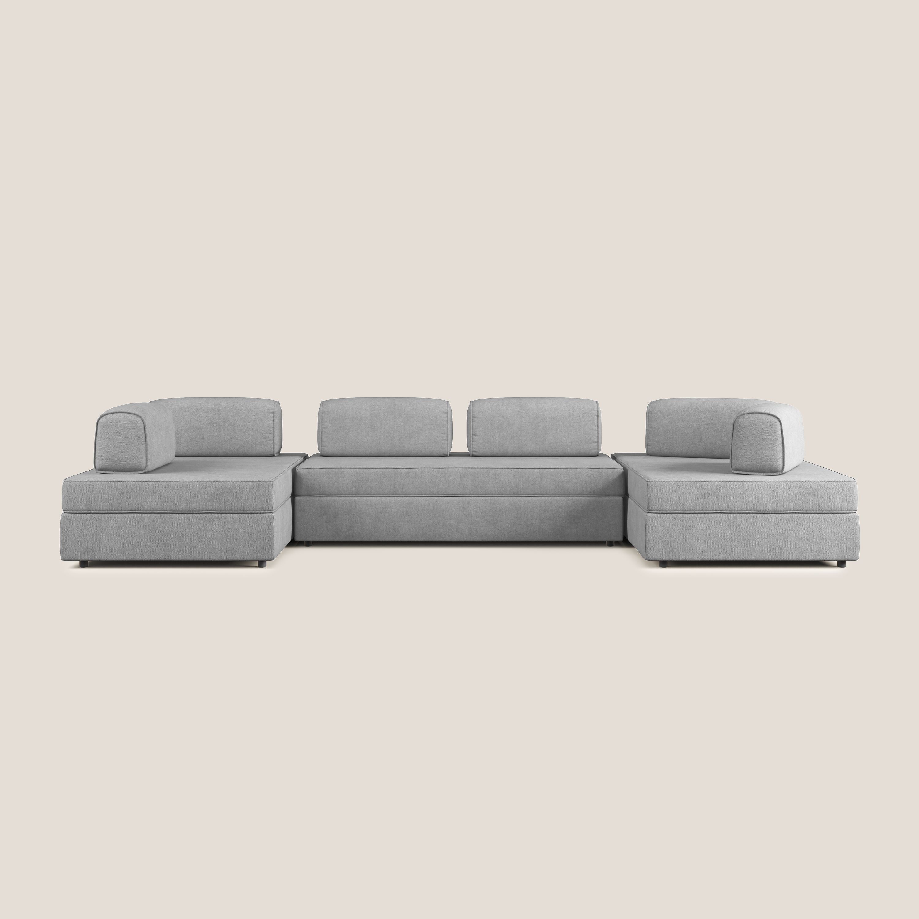 Liberty divano panoramico con pouf estraibile e schienali movibili in tessuto morbido impermeabile T02 grigio chiaro - divani.store