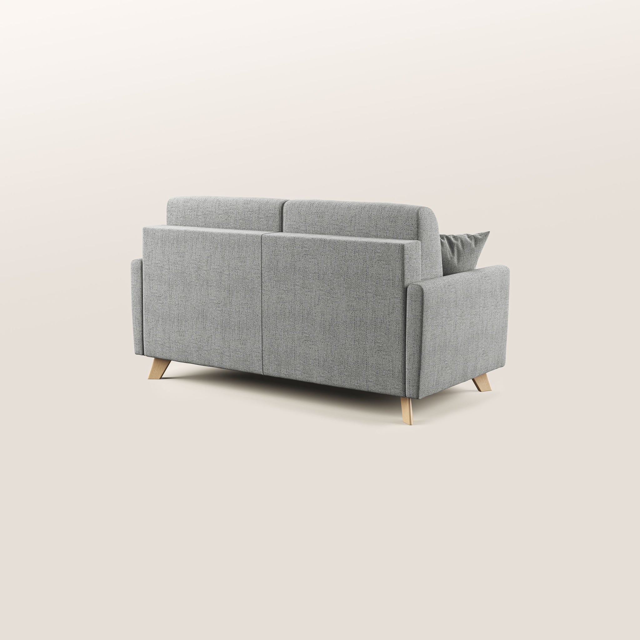 Il divano letto Edgar di Divani.Store, lungo 200 cm e rivestito in tessuto impermeabile grigio chiaro T03, è presentato dal retro. Realizzato in Italia, questo pezzo vanta un design moderno ed elegante con tessuto testurizzato, linee pulite e gambe affusolate in legno. Include due cuscini di seduta e uno schienale leggermente angolato, su uno sfondo neutro e chiaro.