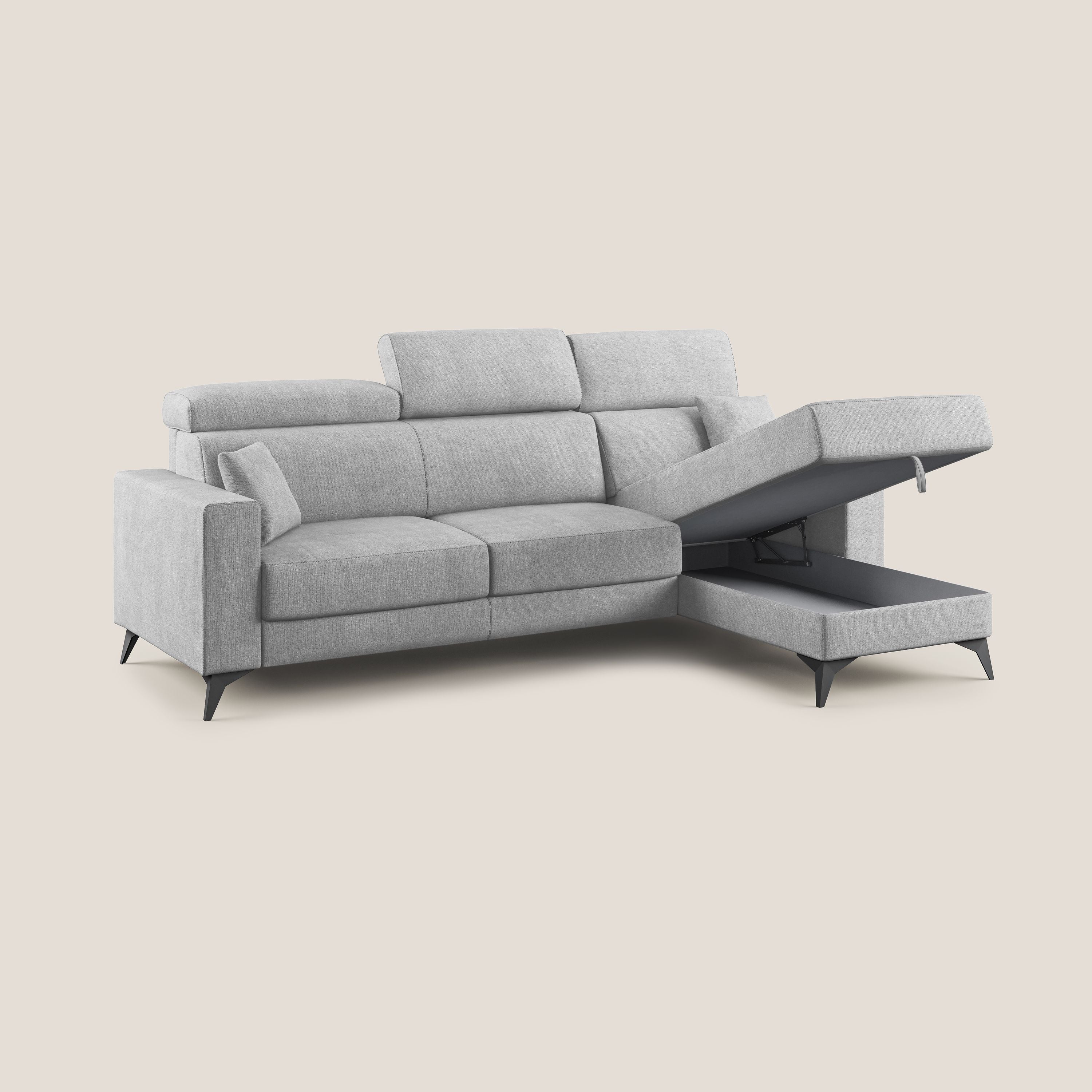 Pegaso divano letto angolare con poggiatesta reclinabili e rivestimento impermeabile T02 grigio chiaro - divani.store
