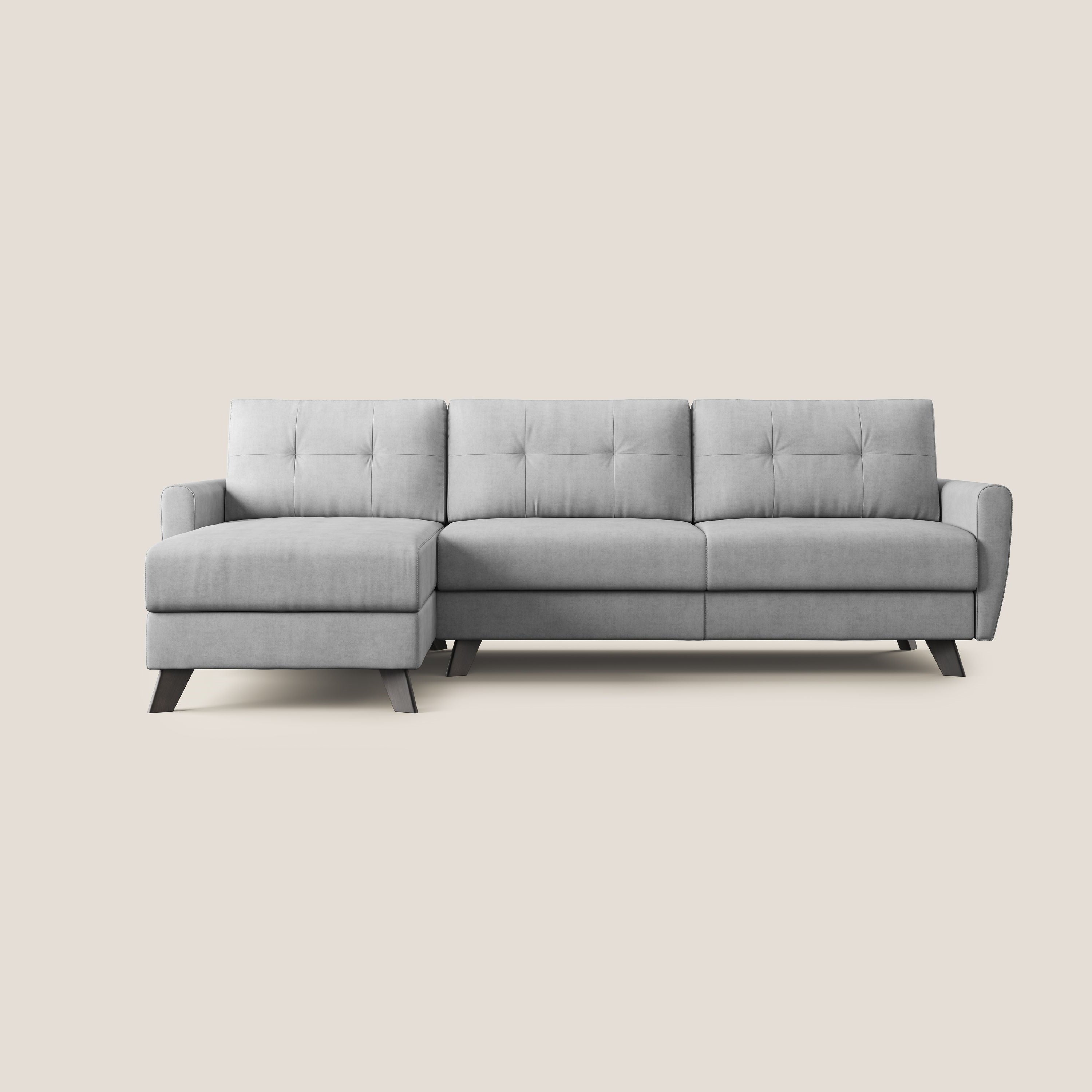 Callisto Divano letto angolare con penisola in tessuto morbido impermeabile T02 grigio chiaro - divani.store