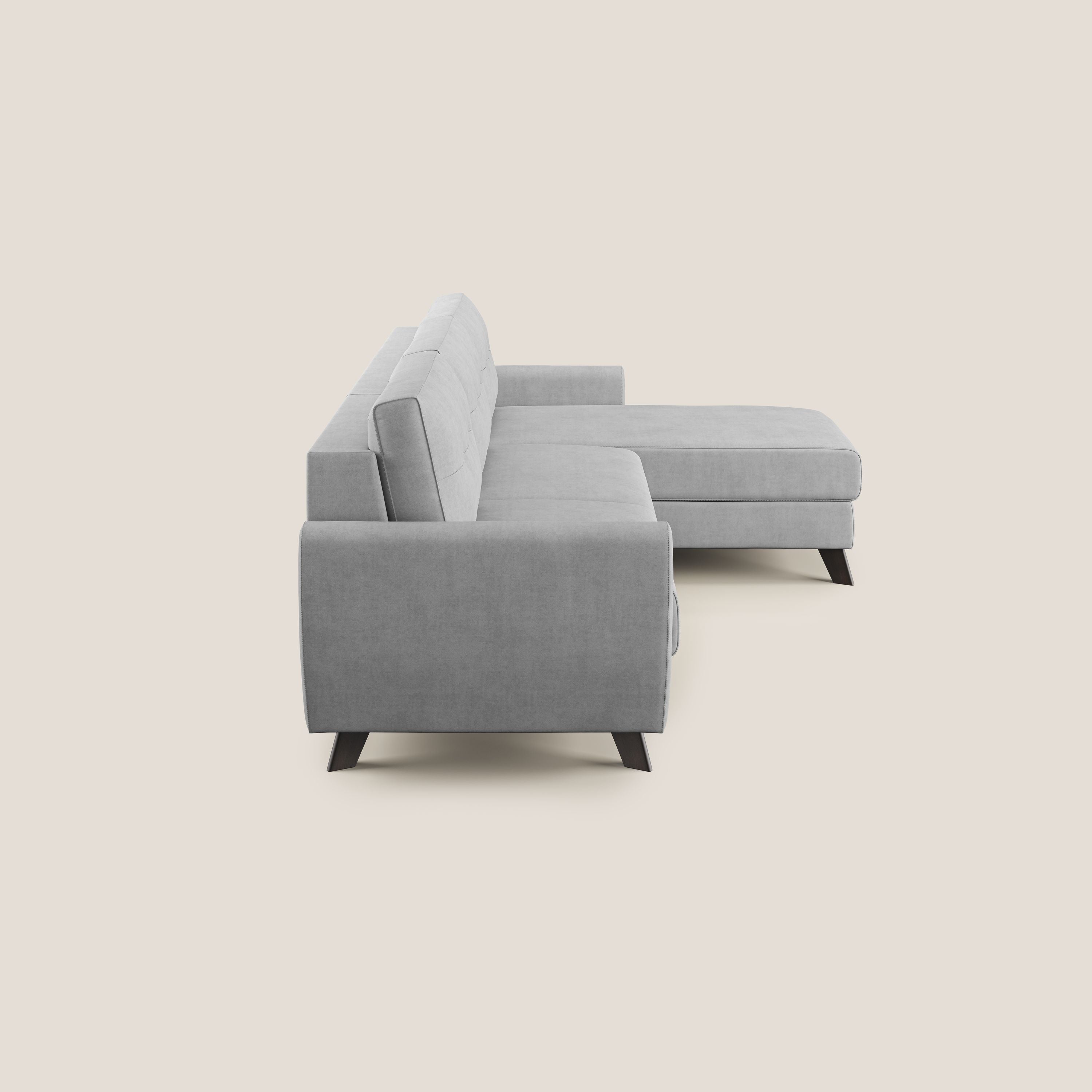Callisto Divano letto angolare con penisola in tessuto morbido impermeabile T02 grigio chiaro - divani.store