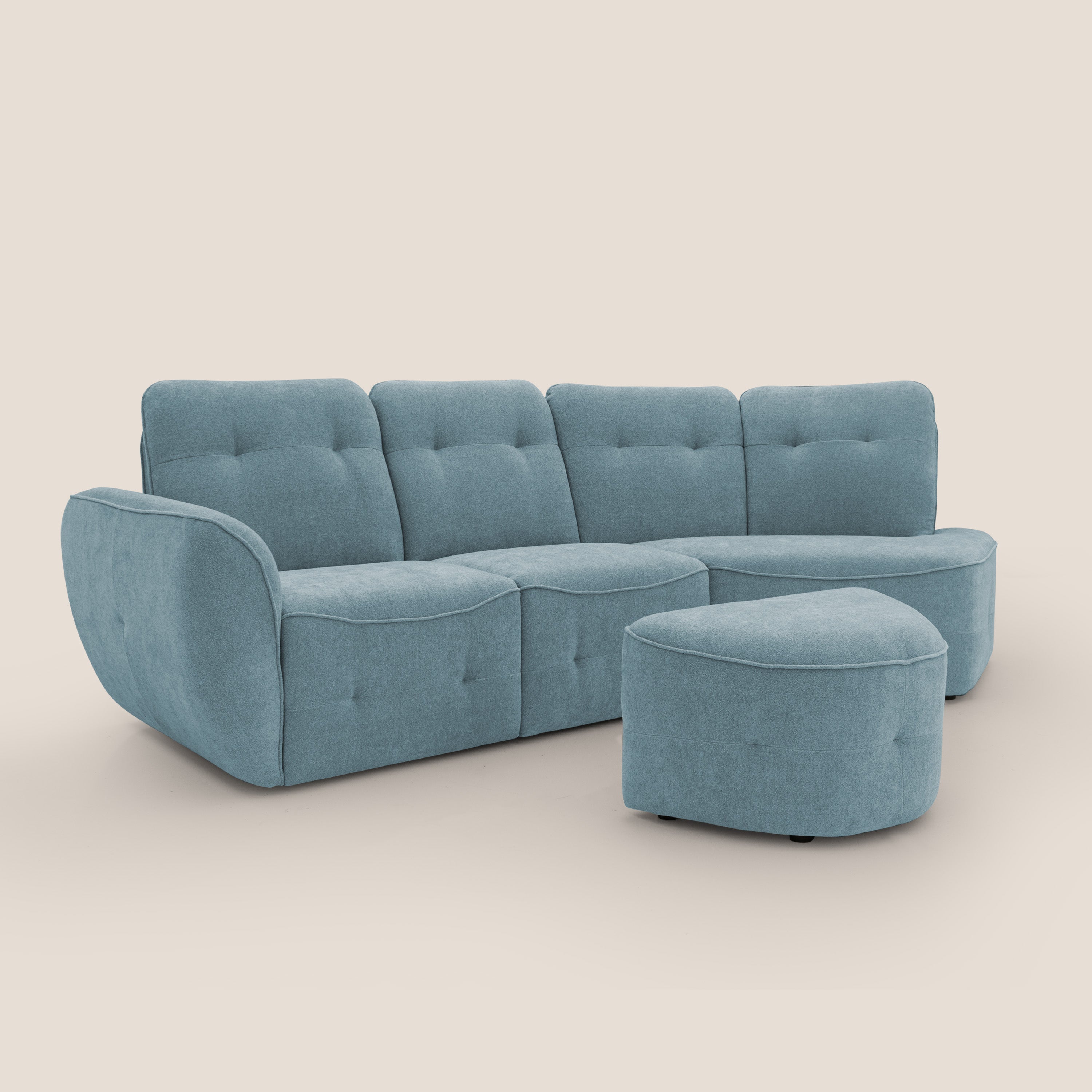 Cerbero divano angolare con pouf mobile in morbido bouclé impermeabile T07 carta da zucchero - divani.store
