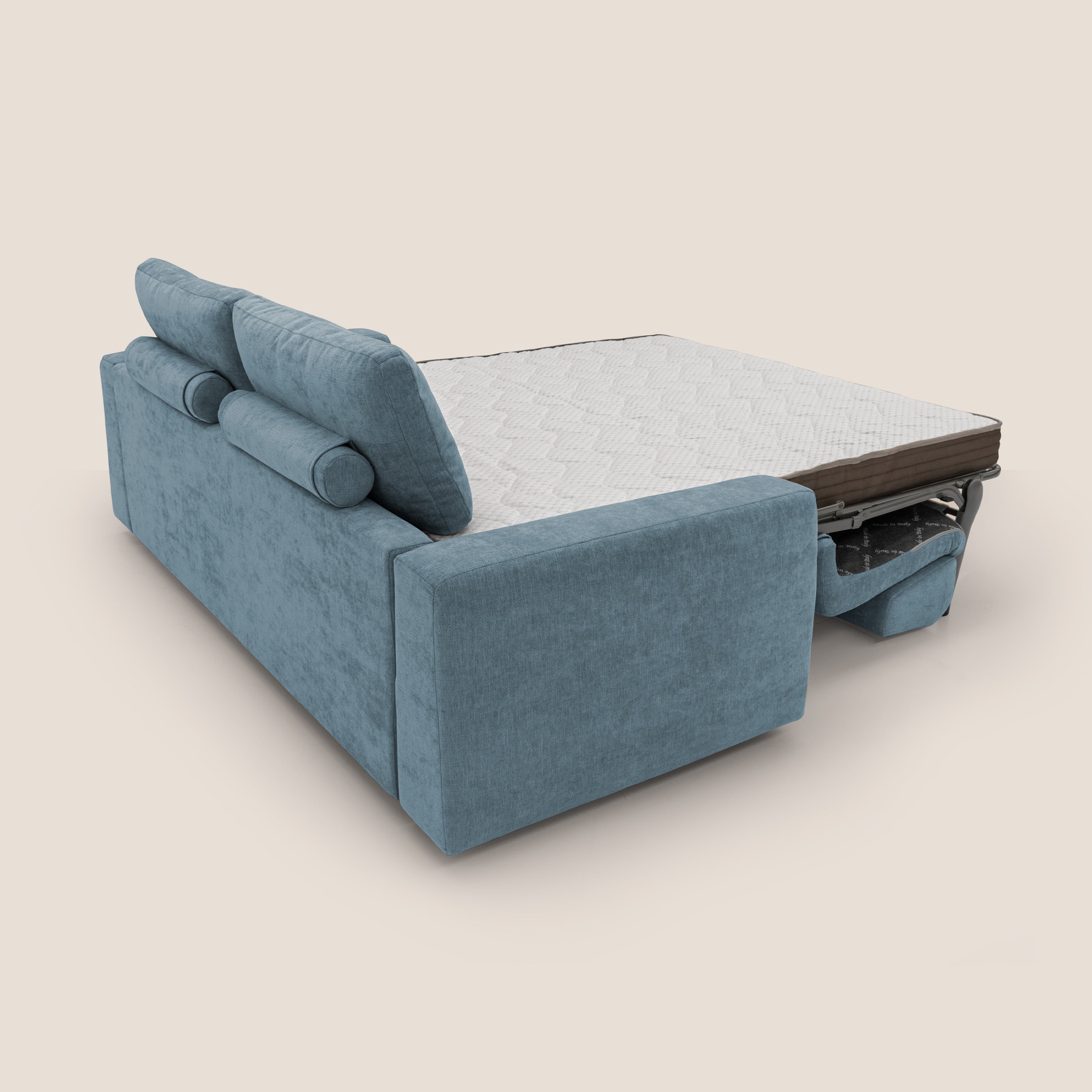 Freia Divano letto minimal materasso h15 cm con morbidi schienali in tessuto impermeabile T14 carta da zucchero - divani.store