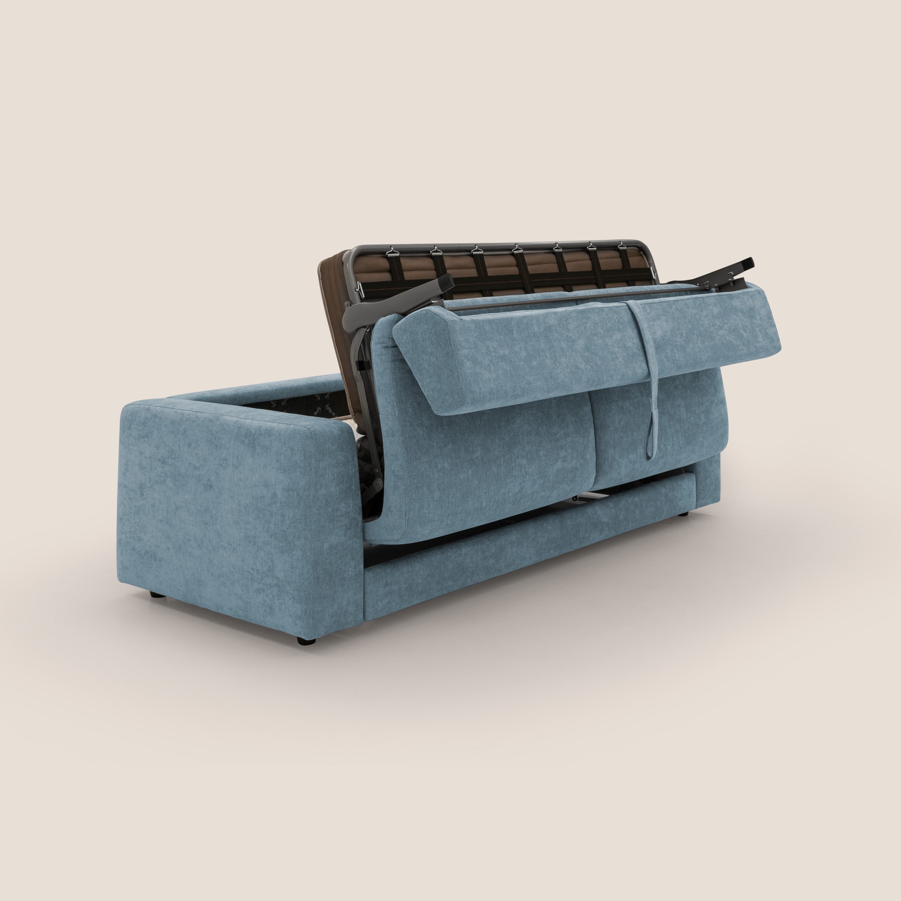 Freia Divano letto minimal materasso h15 cm con morbidi schienali in tessuto impermeabile T14 carta da zucchero - divani.store