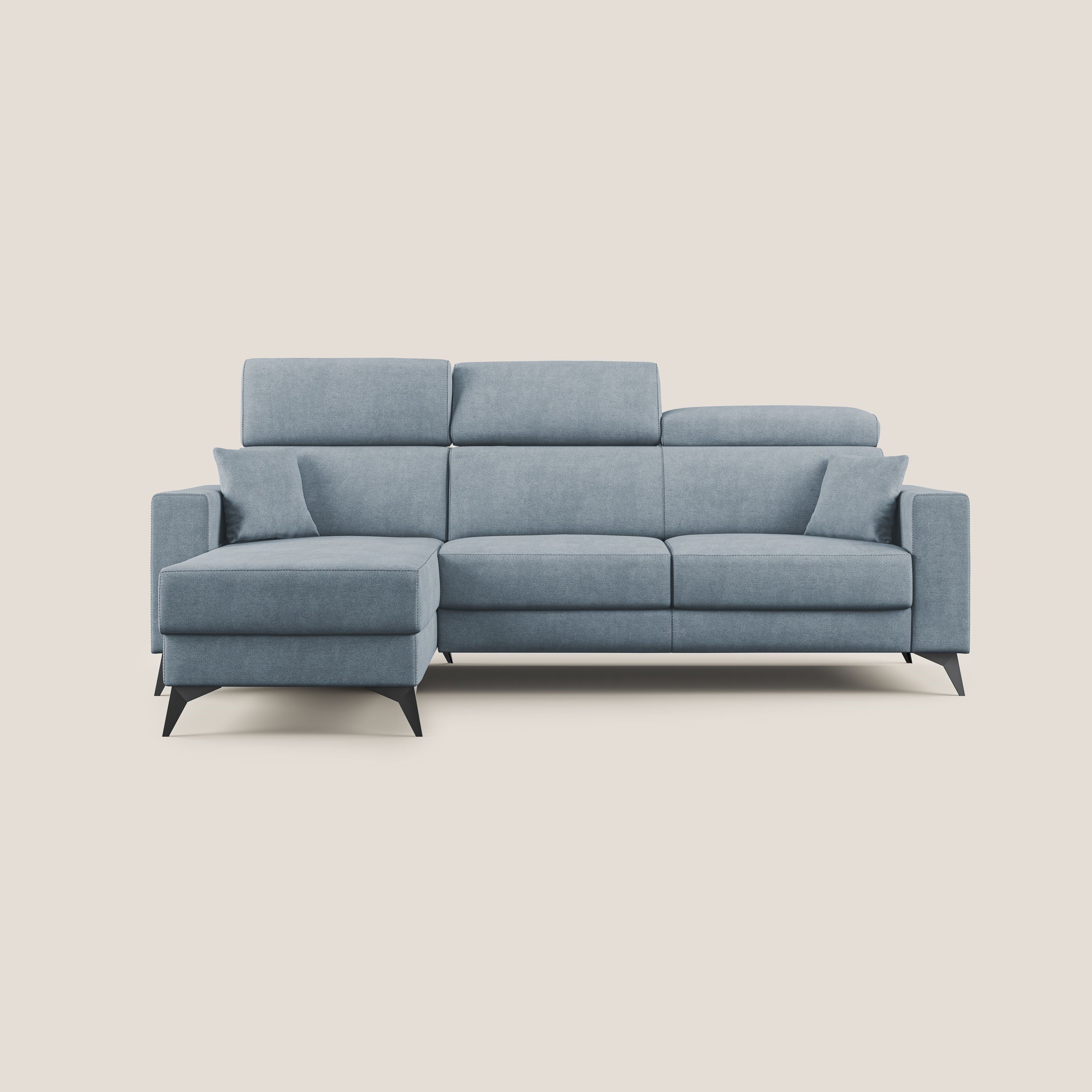 Pegaso divano letto angolare con poggiatesta reclinabili e rivestimento impermeabile T02 carta da zucchero - divani.store