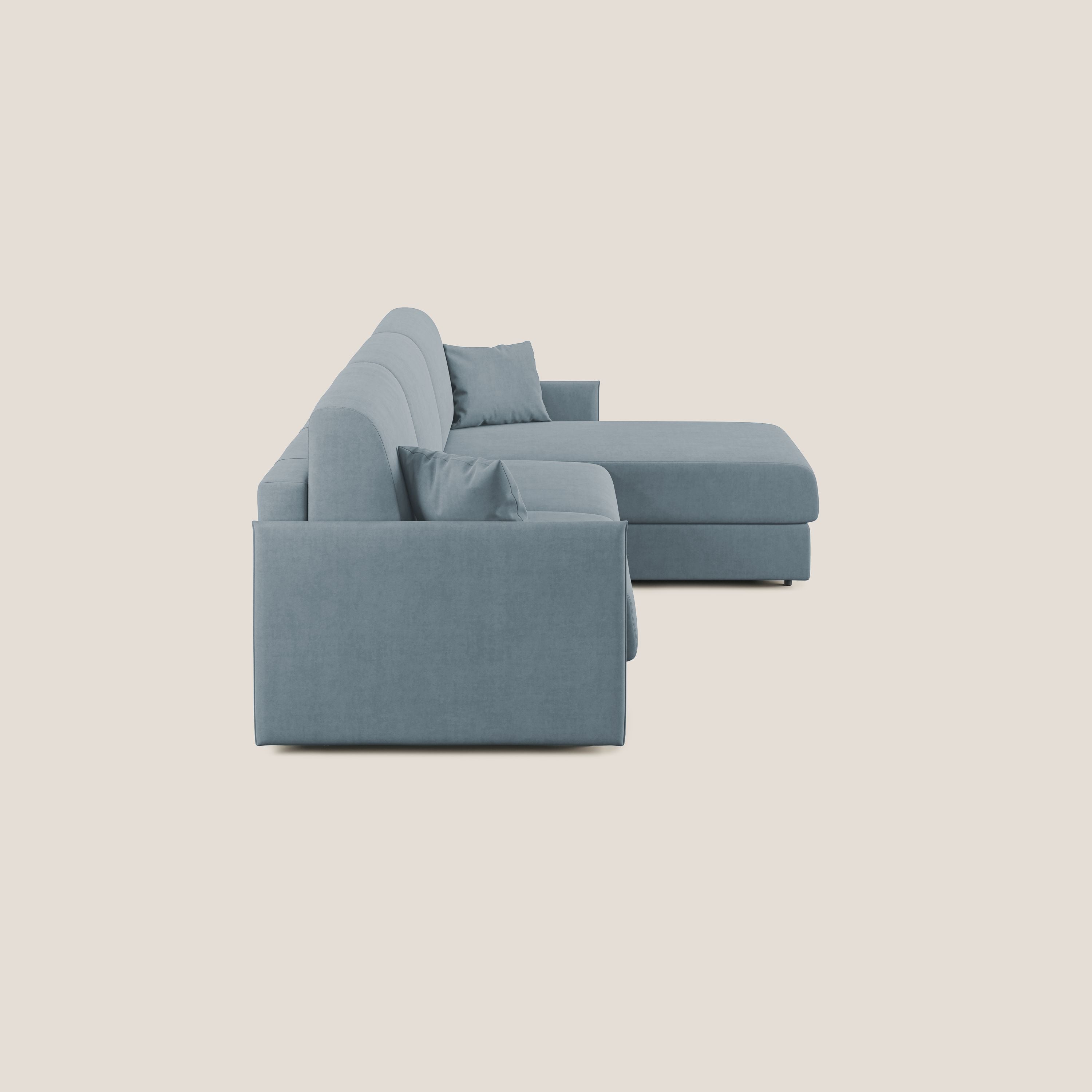 Evans Divano letto angolare con penisola in morbido tessuto impermeabile T02 carta da zucchero - divani.store