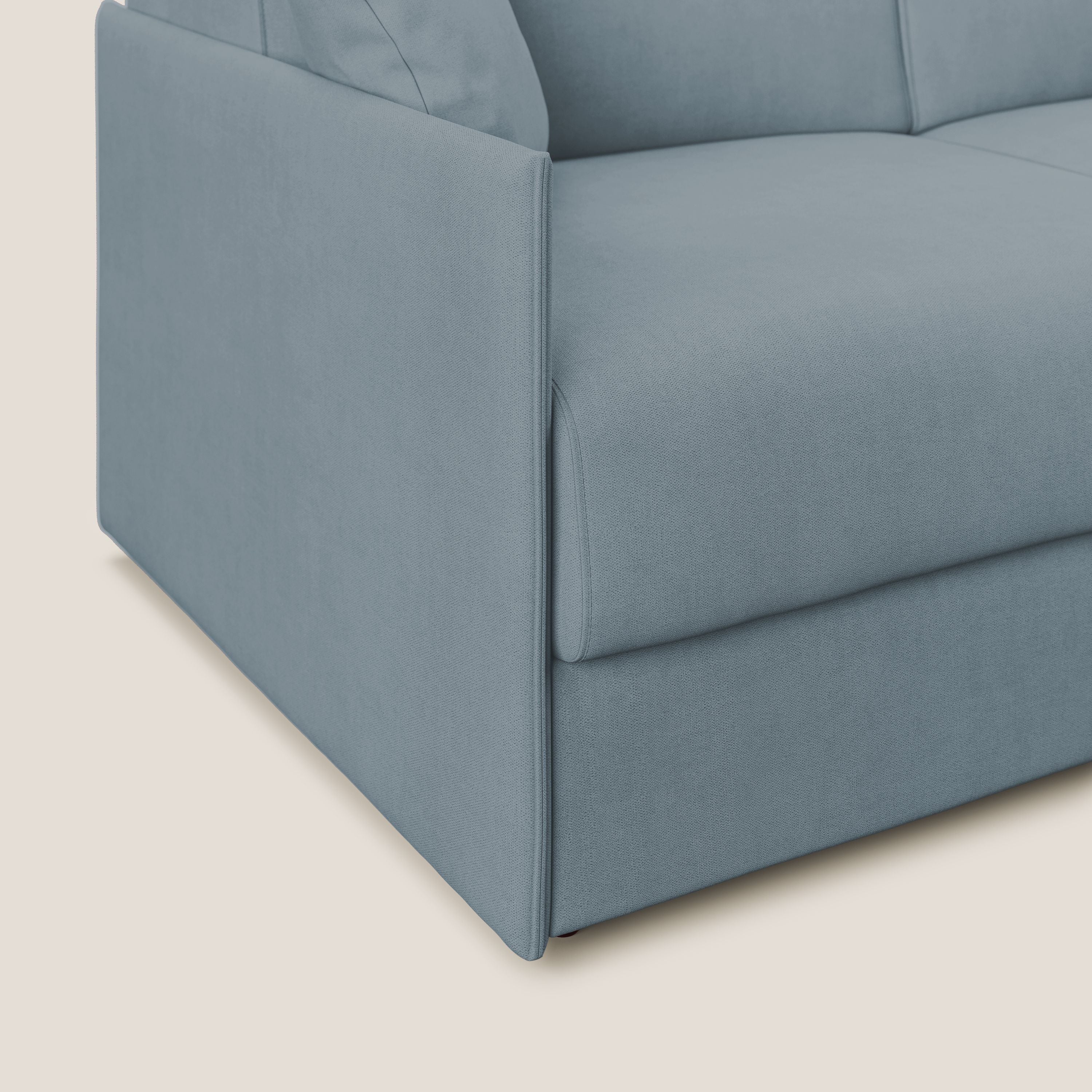 Evans Divano letto angolare con penisola in morbido tessuto impermeabile T02 carta da zucchero - divani.store