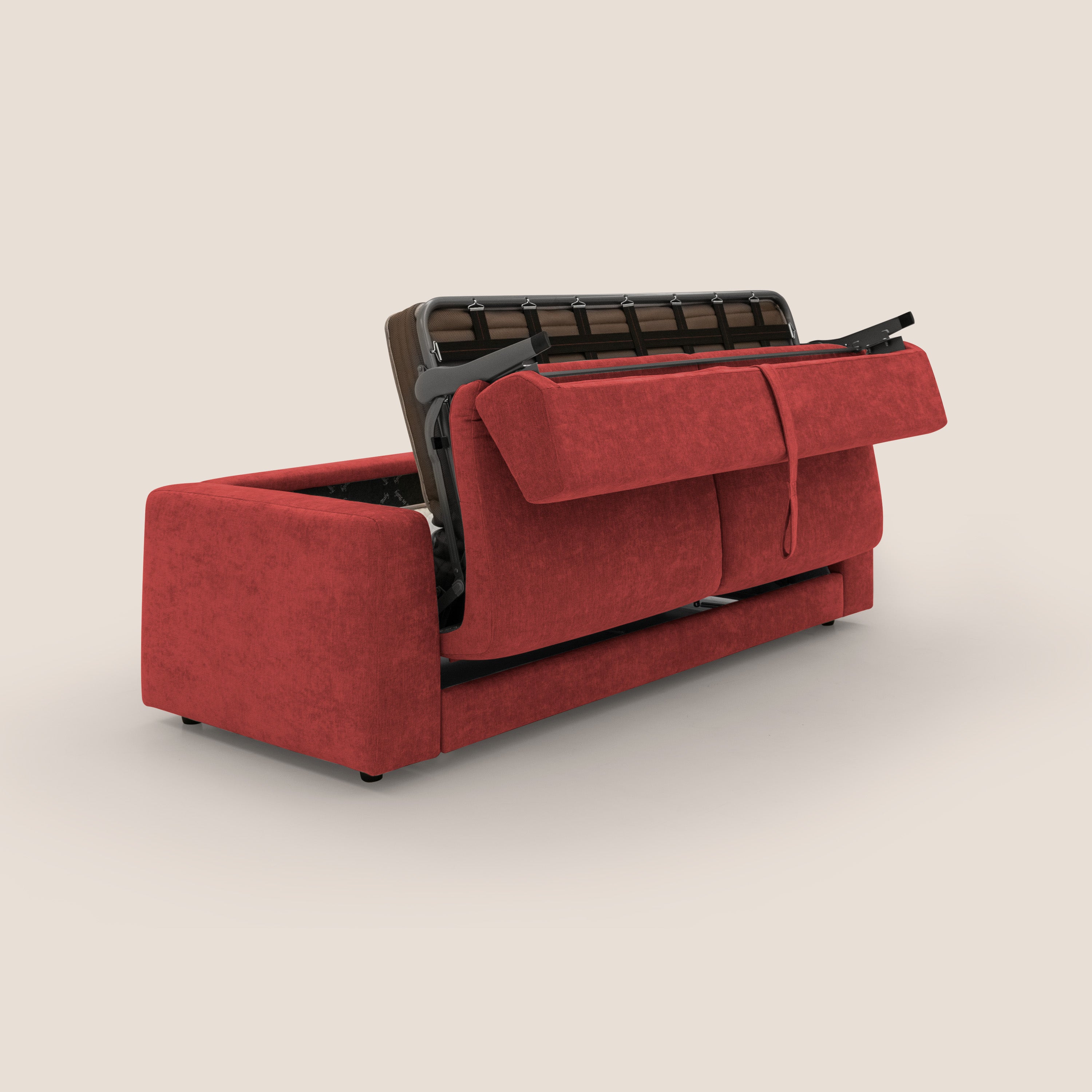 Freia Divano letto minimal materasso h15 cm con morbidi schienali in tessuto impermeabile T14 rosso - divani.store