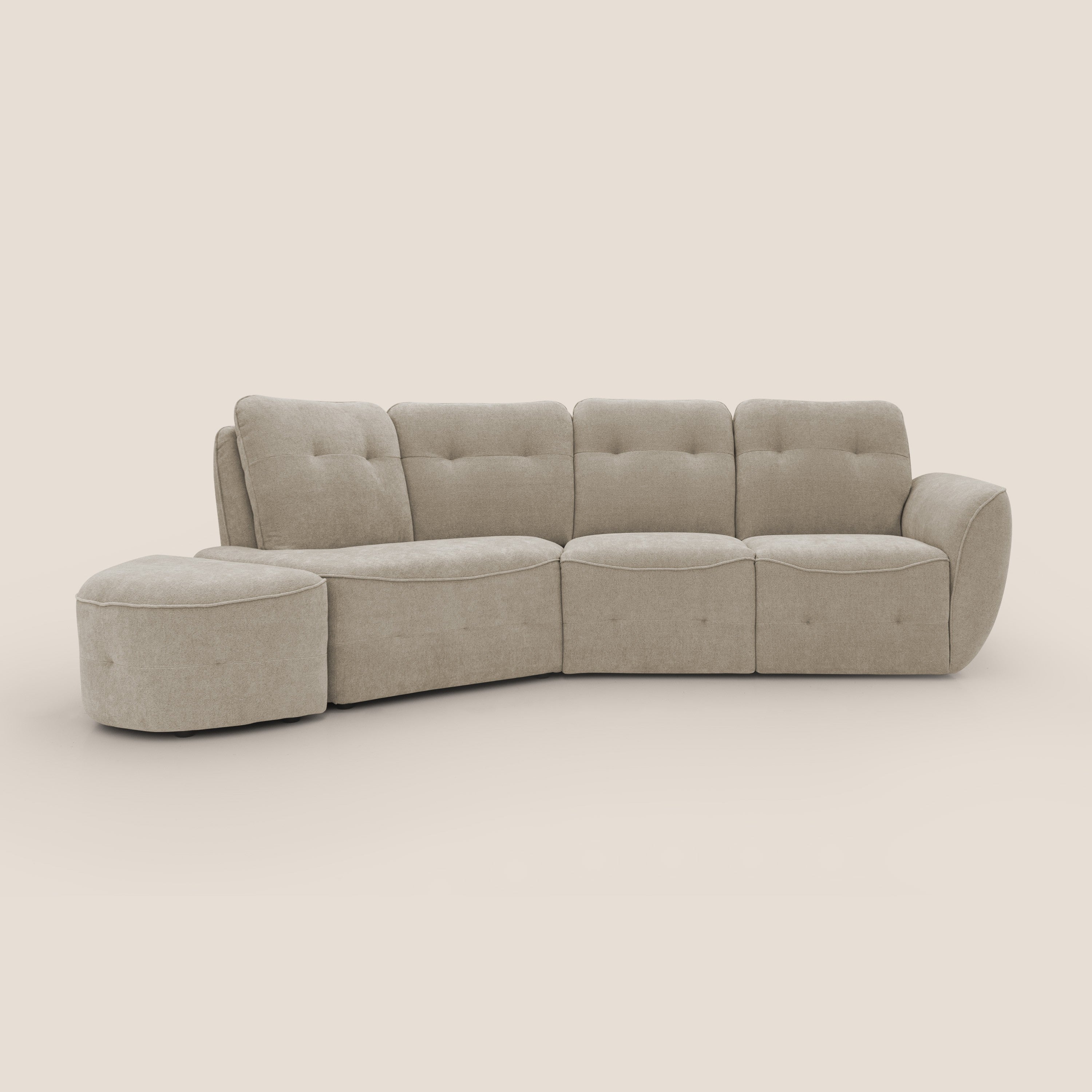 Cerbero divano angolare con pouf mobile in morbido bouclé impermeabile T07 beige - divani.store