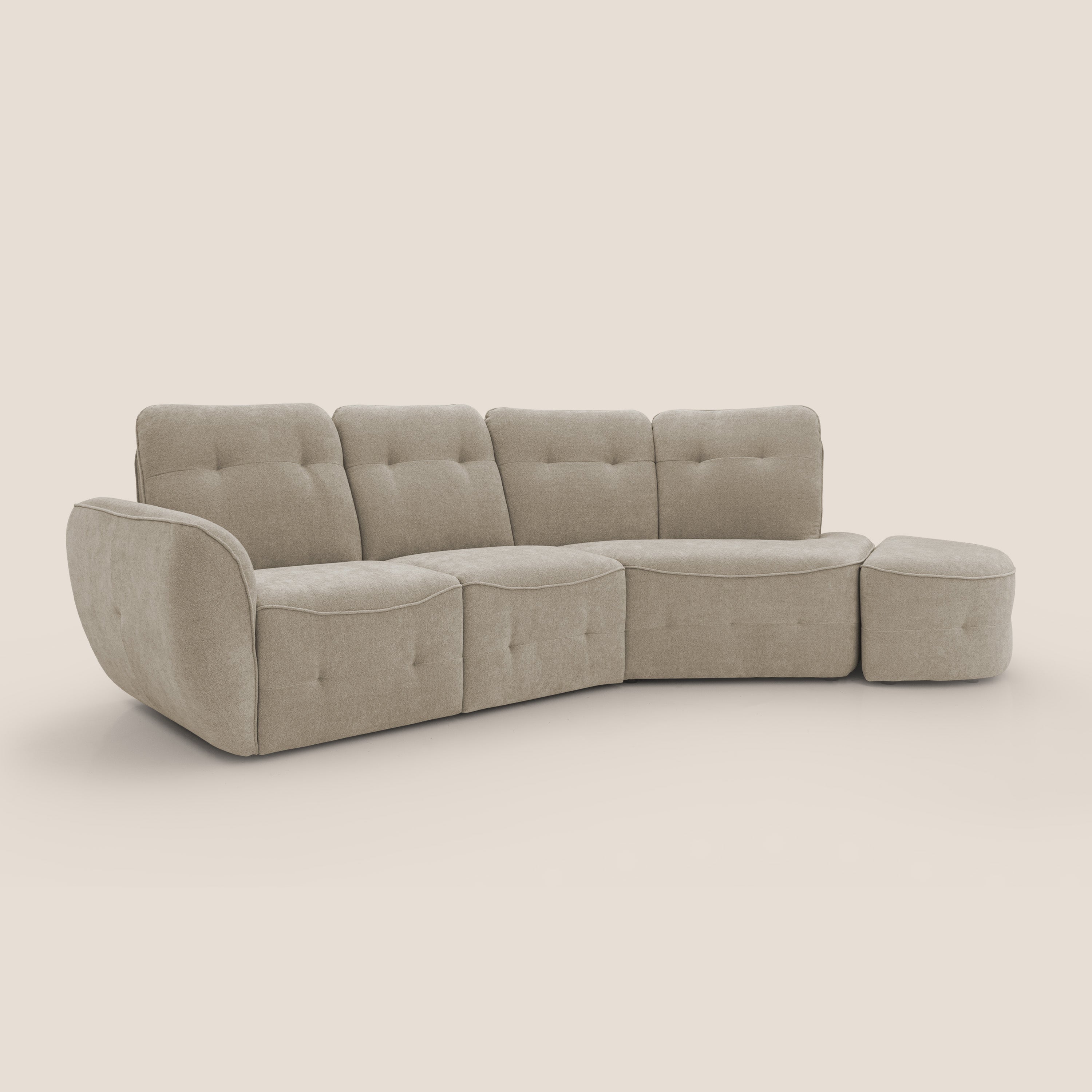 Cerbero divano angolare con pouf mobile in morbido bouclé impermeabile T07 beige - divani.store