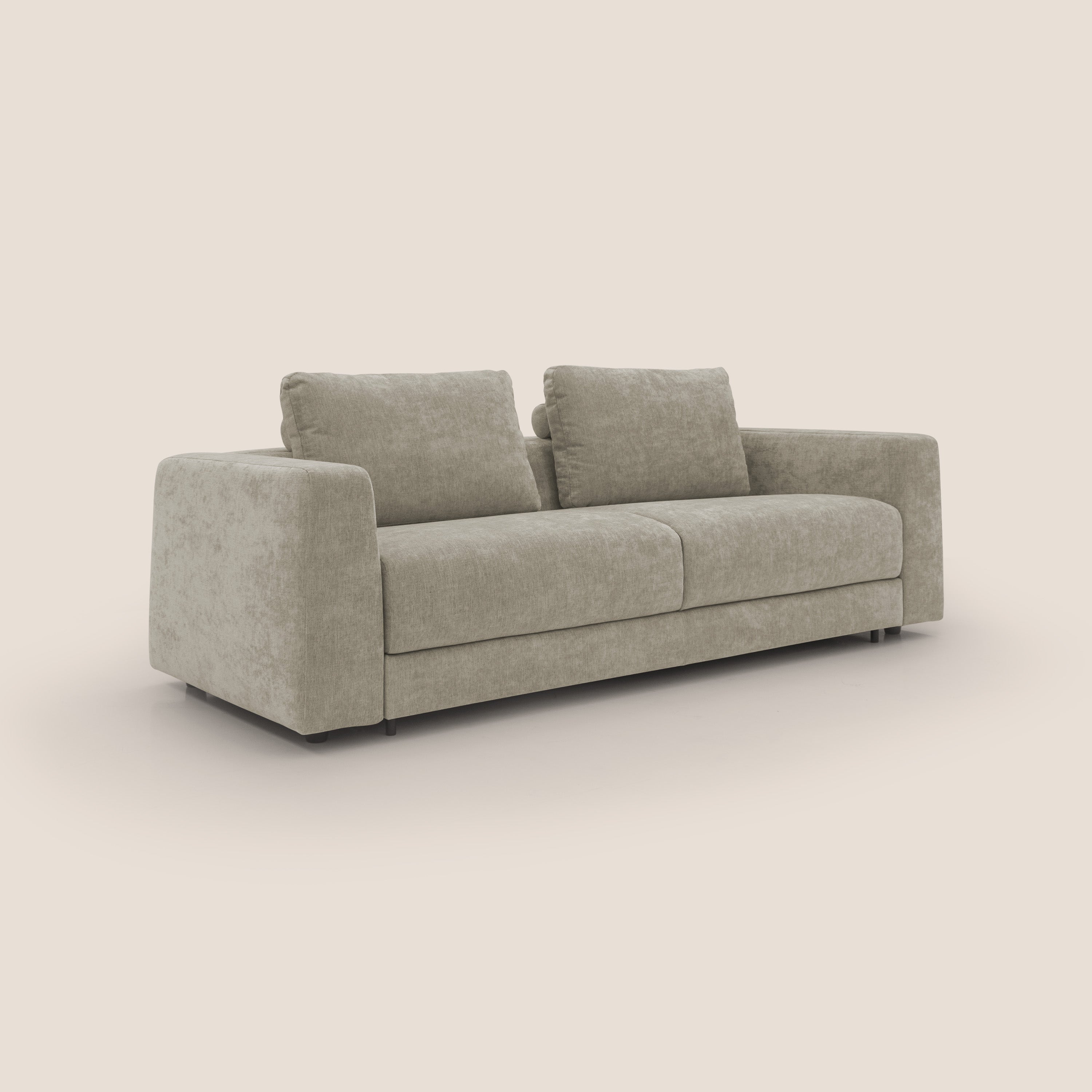 Freia Divano letto minimal materasso h15 cm con morbidi schienali in tessuto impermeabile T14 tortora - divani.store