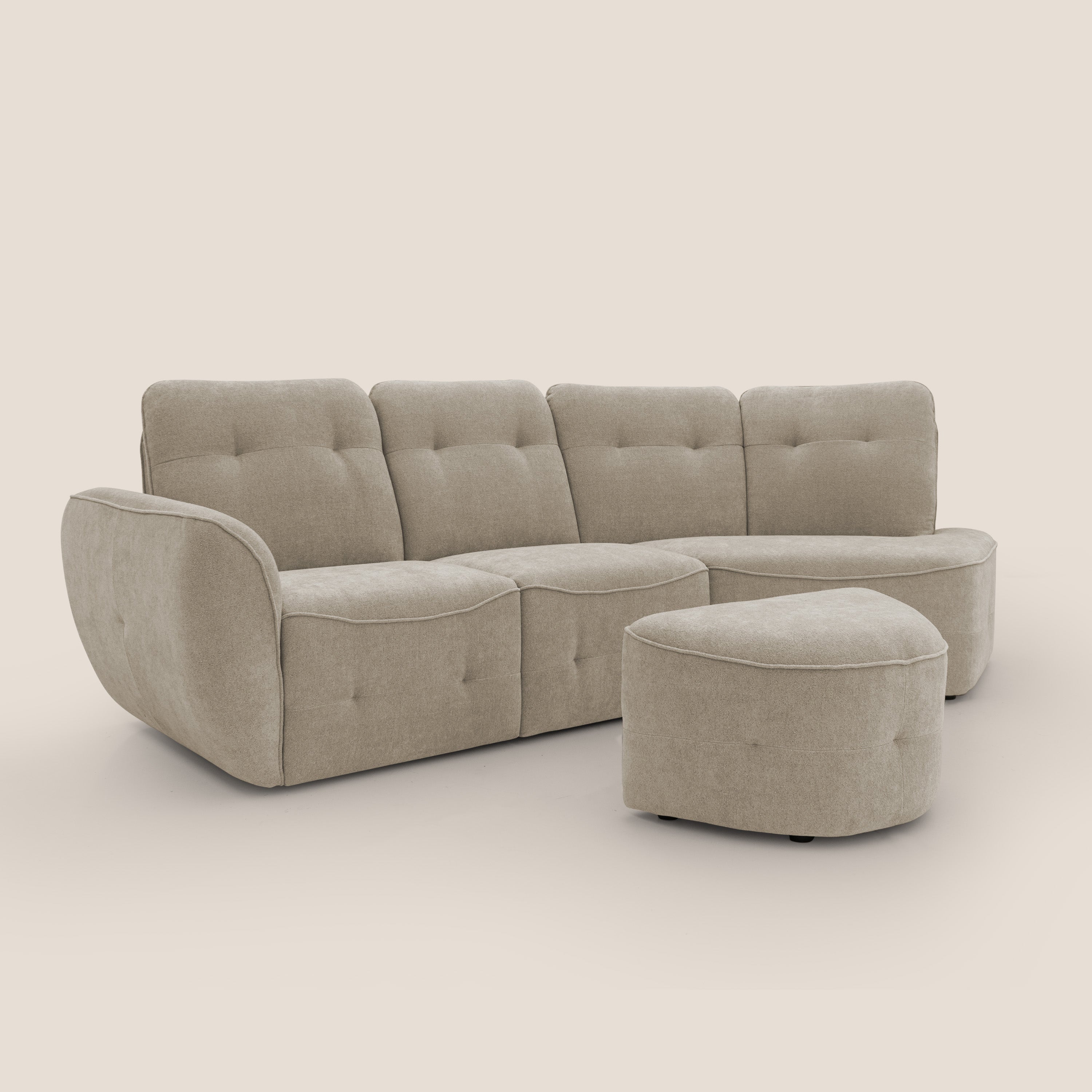 Cerbero divano angolare con pouf mobile in morbido bouclé impermeabile T07 beige - divani.store