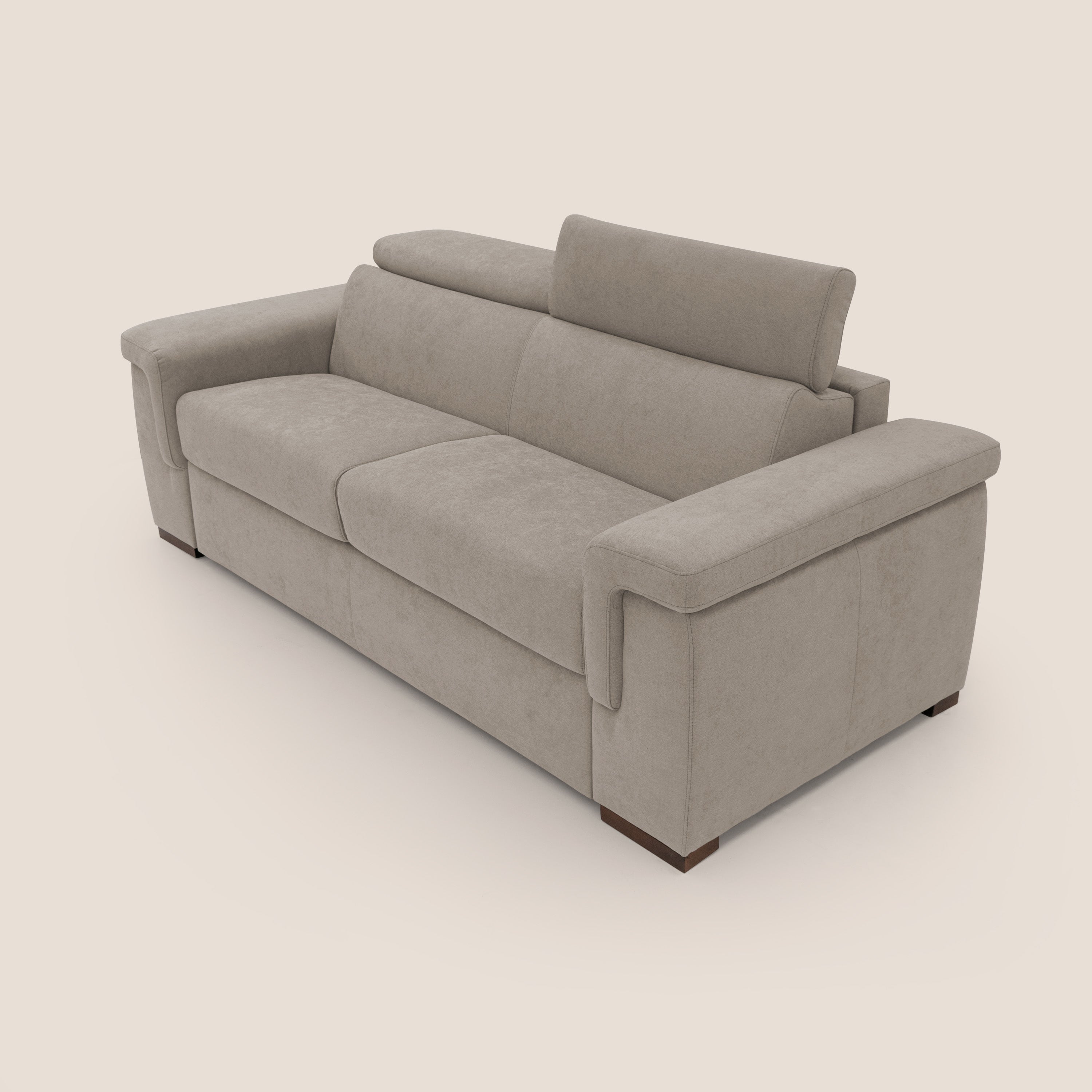 Giunone divano letto con materasso alto 18 cm e poggiatesta reclinabili in tessuto impermeabile T02 beige - divani.store