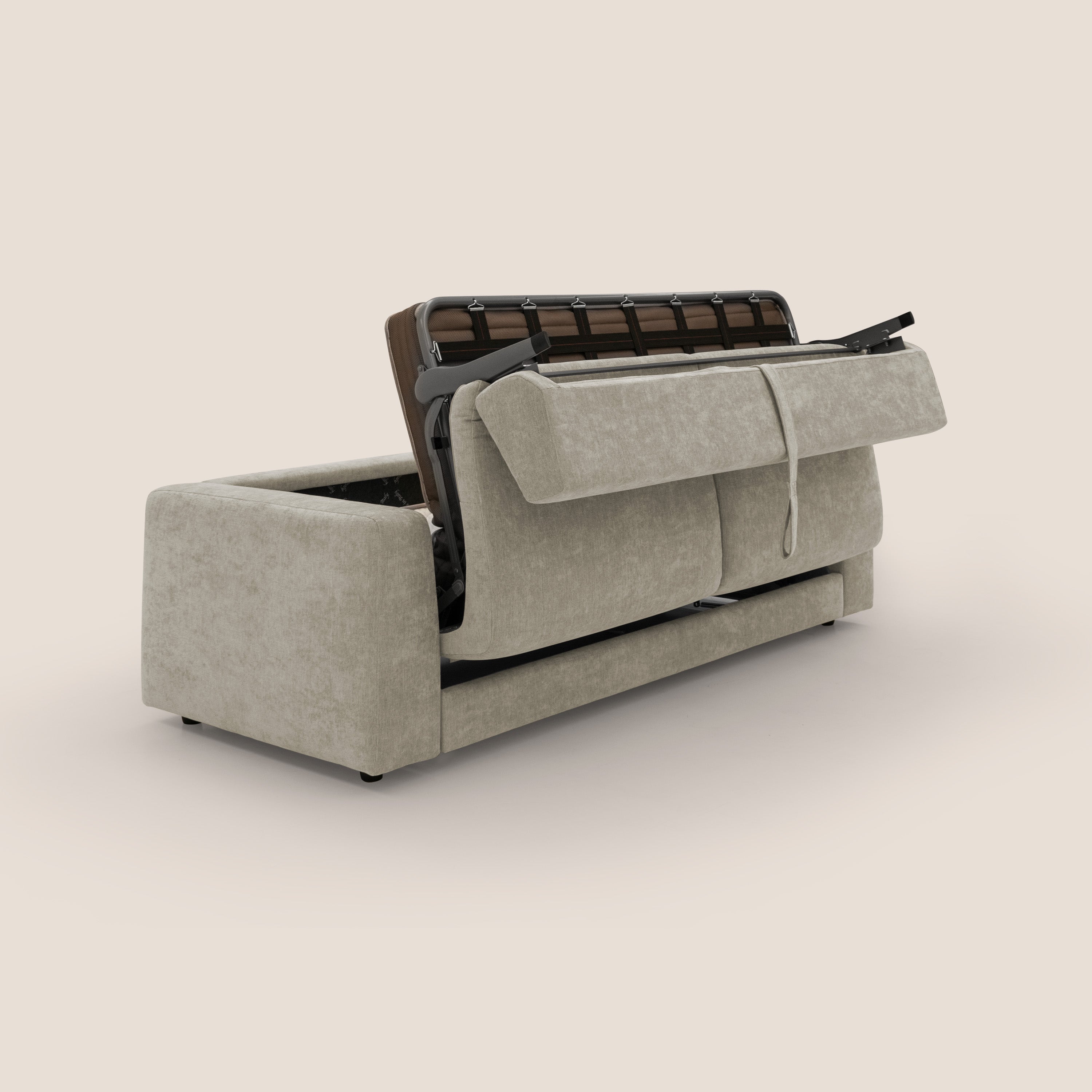 Freia Divano letto minimal materasso h15 cm con morbidi schienali in tessuto impermeabile T14 tortora - divani.store