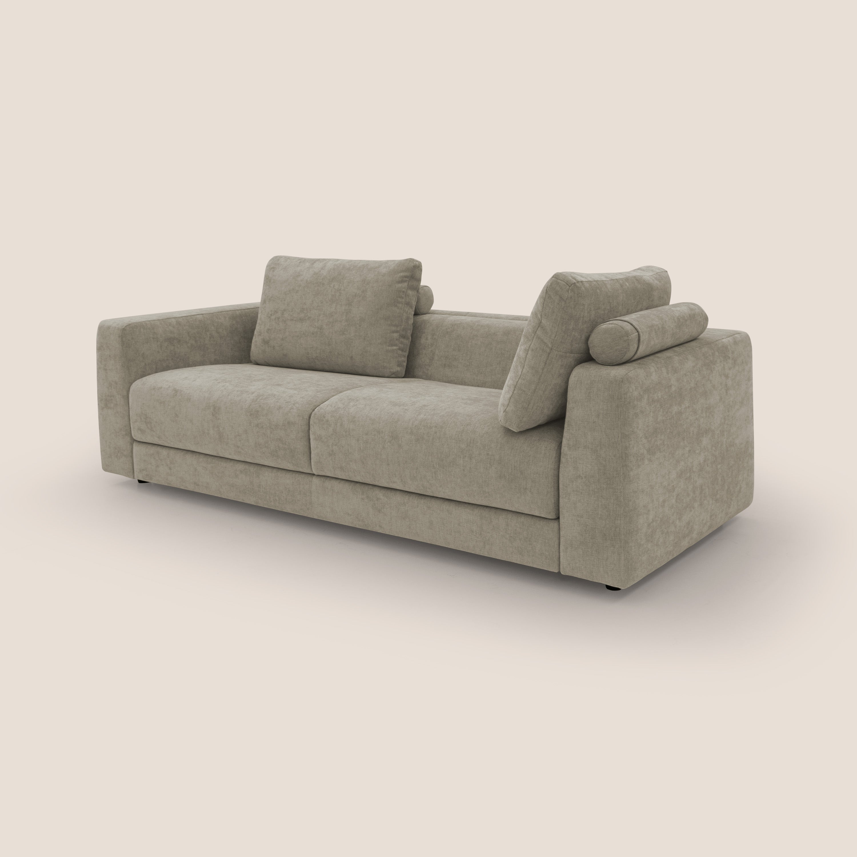 Freia Divano letto minimal materasso h15 cm con morbidi schienali in tessuto impermeabile T14 tortora - divani.store