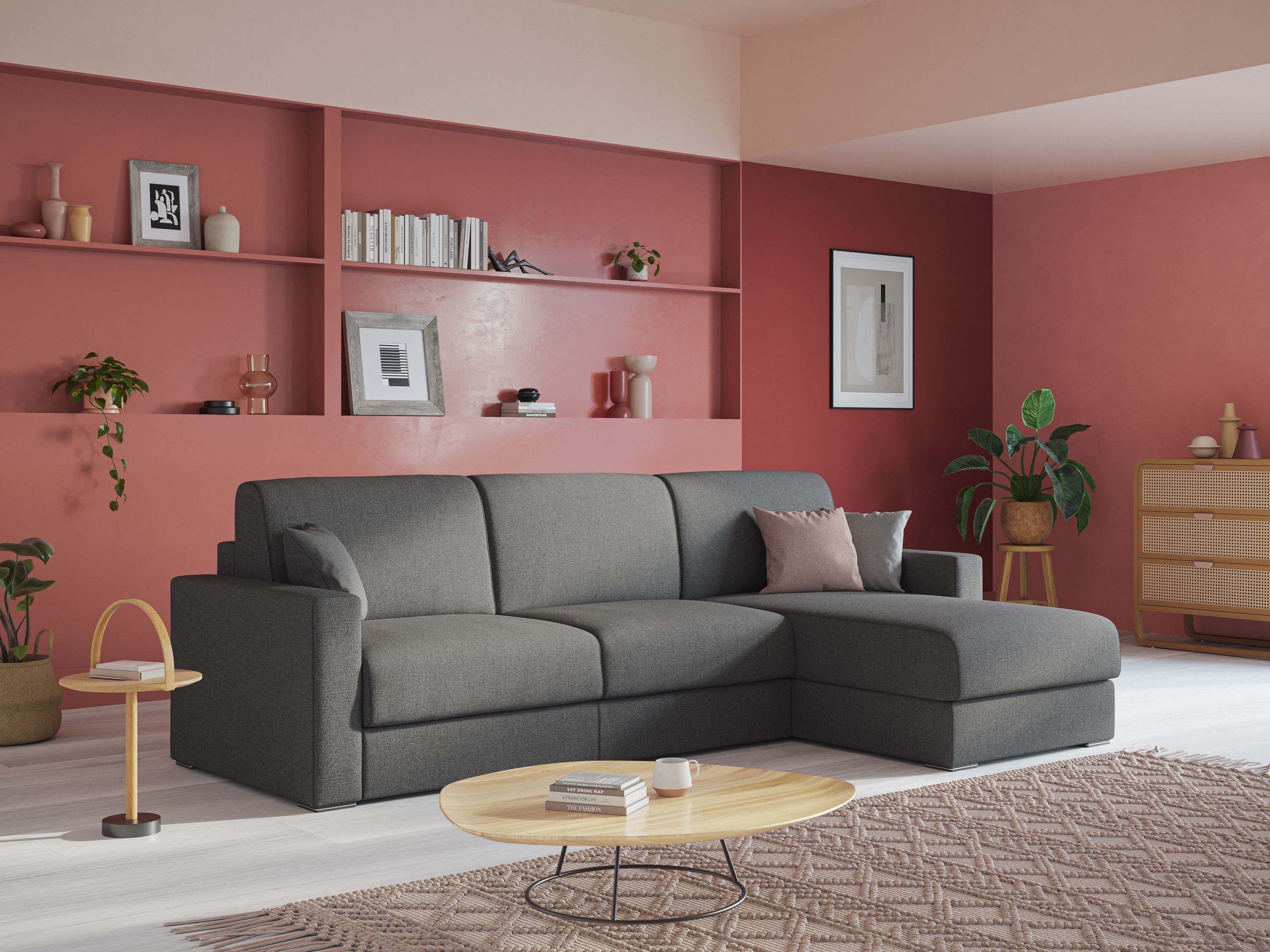 Best Divano letto angolare con penisola in tessuto smacchiabile QuickClean T08 tortora - divani.store