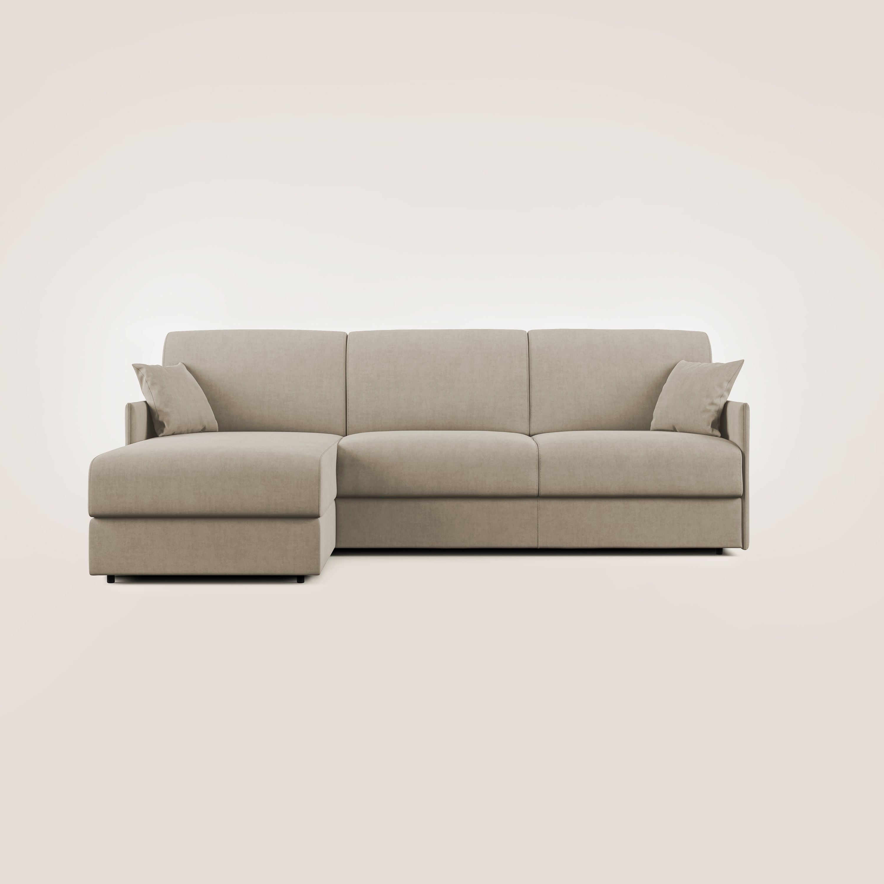 Evans Divano letto angolare con penisola in morbido tessuto impermeabile T02 beige - divani.store