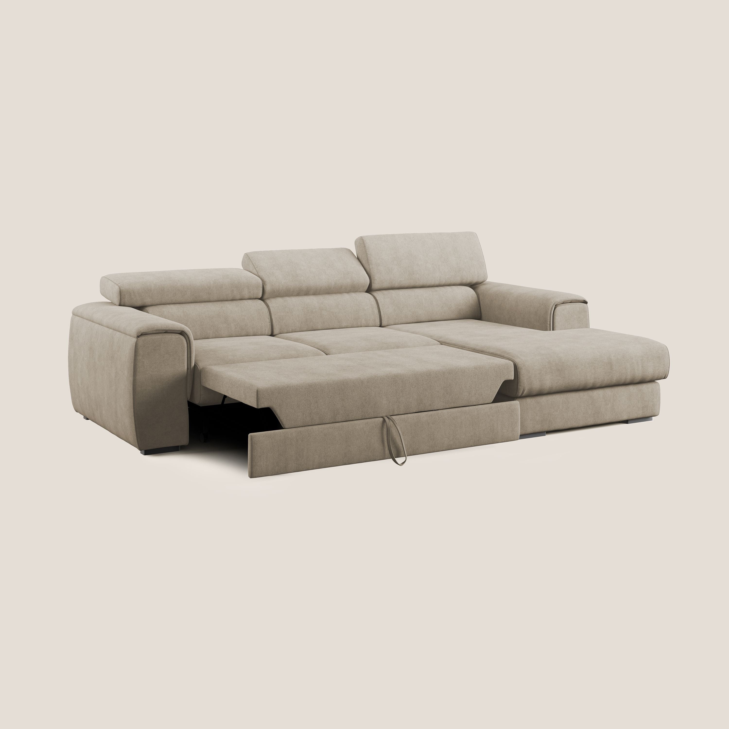 Zeno Divano angolare con pouf estraibile poggiapiedi in tessuto morbido impermeabile T02 beige - divani.store