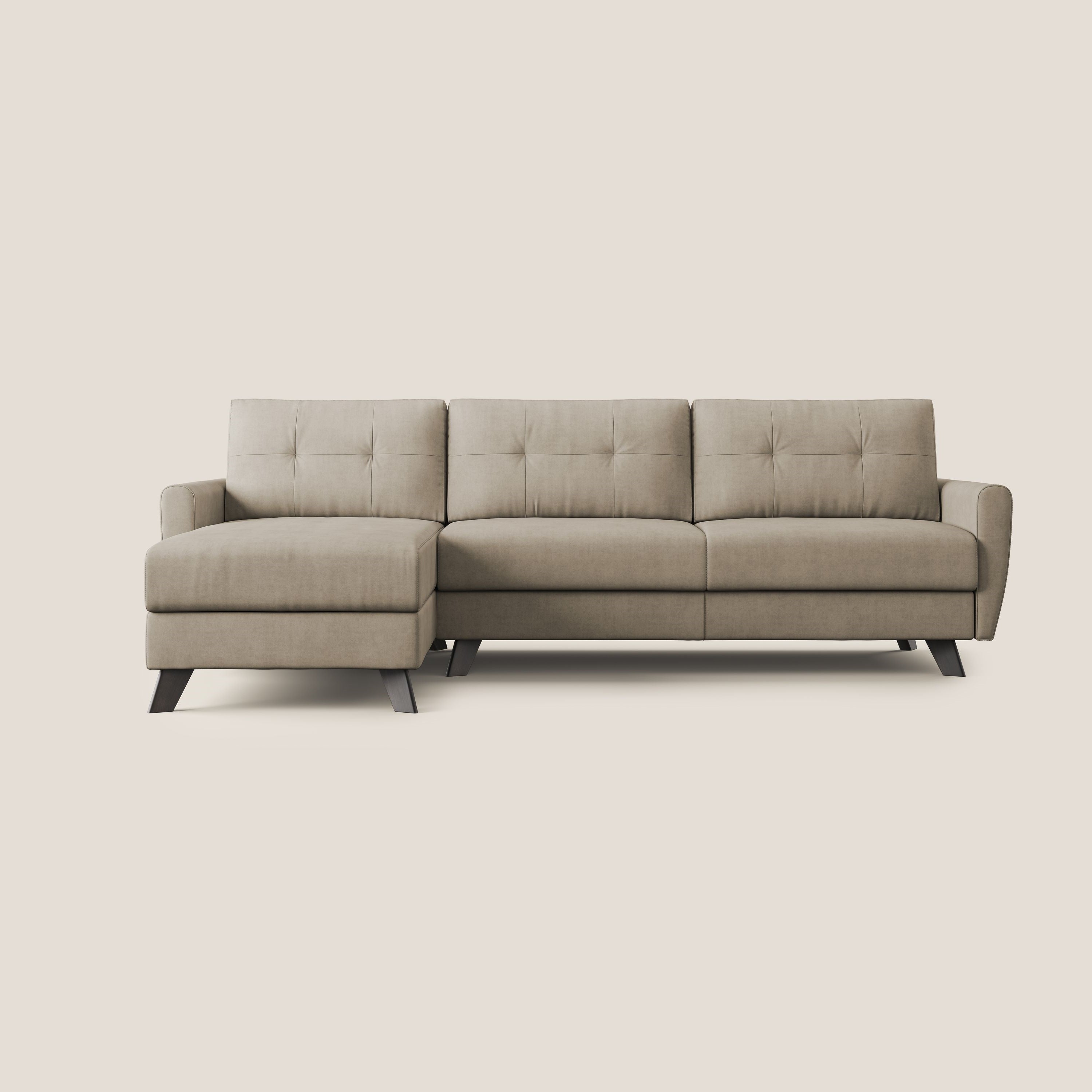 Callisto Divano letto angolare con penisola in tessuto morbido impermeabile T02 beige - divani.store
