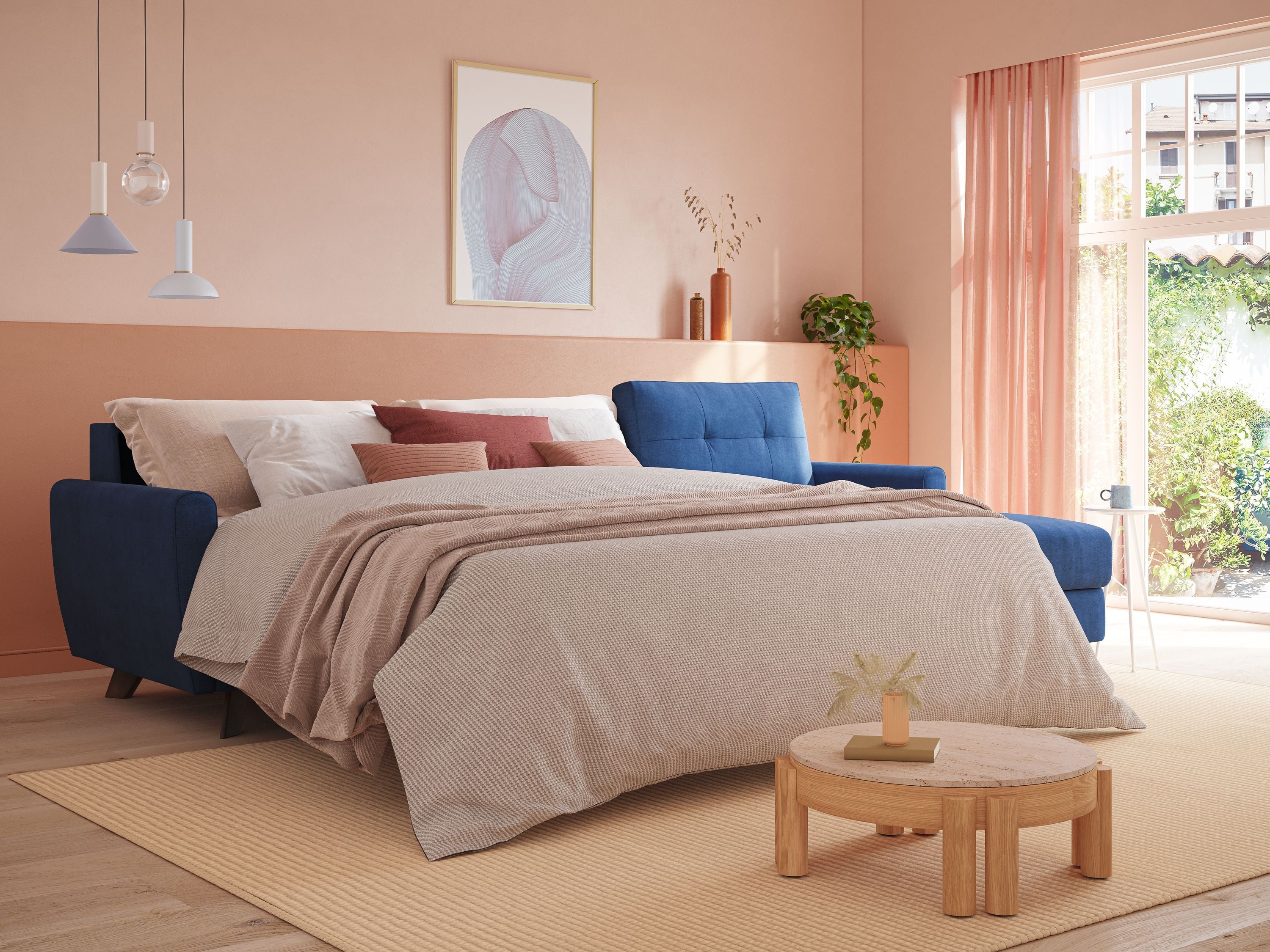 Callisto Divano letto angolare con penisola in tessuto morbido impermeabile T02 beige - divani.store
